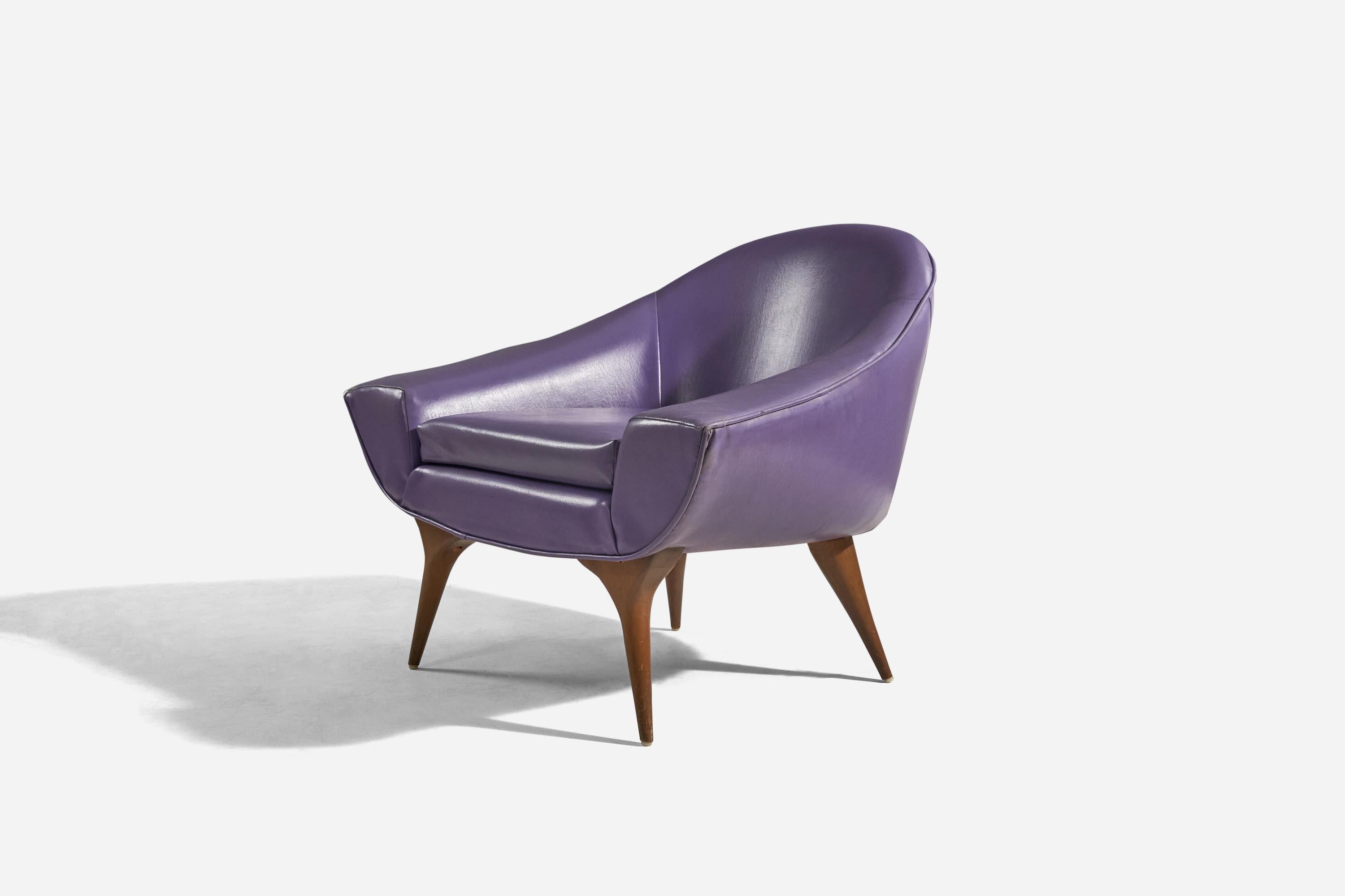 Mid-Century Modern Karpen of California, Lounge Chair, Purple Vinyl, Walnut, USA, 1950s
