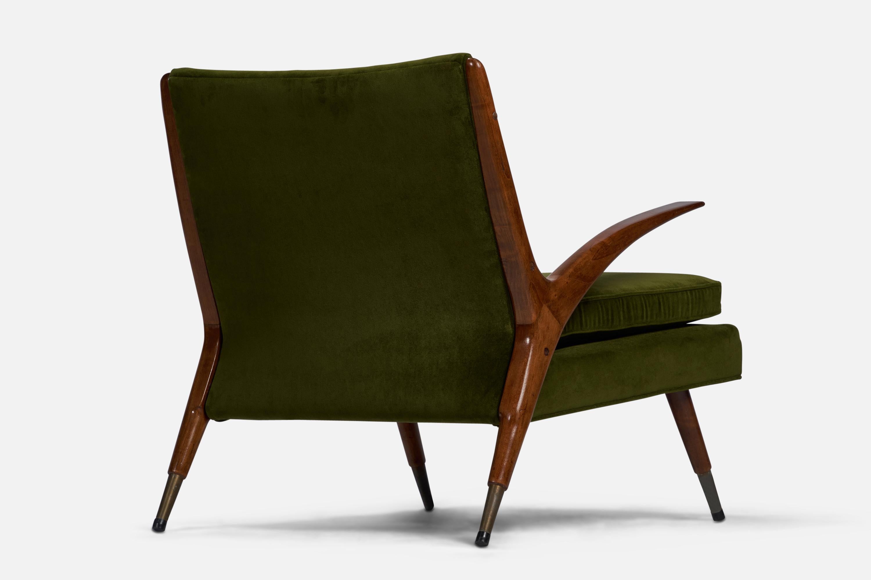 Mid-Century Modern Karpen of California, Lounge Chairs, Velvet, Walnut, Brass, USA, 1950s For Sale