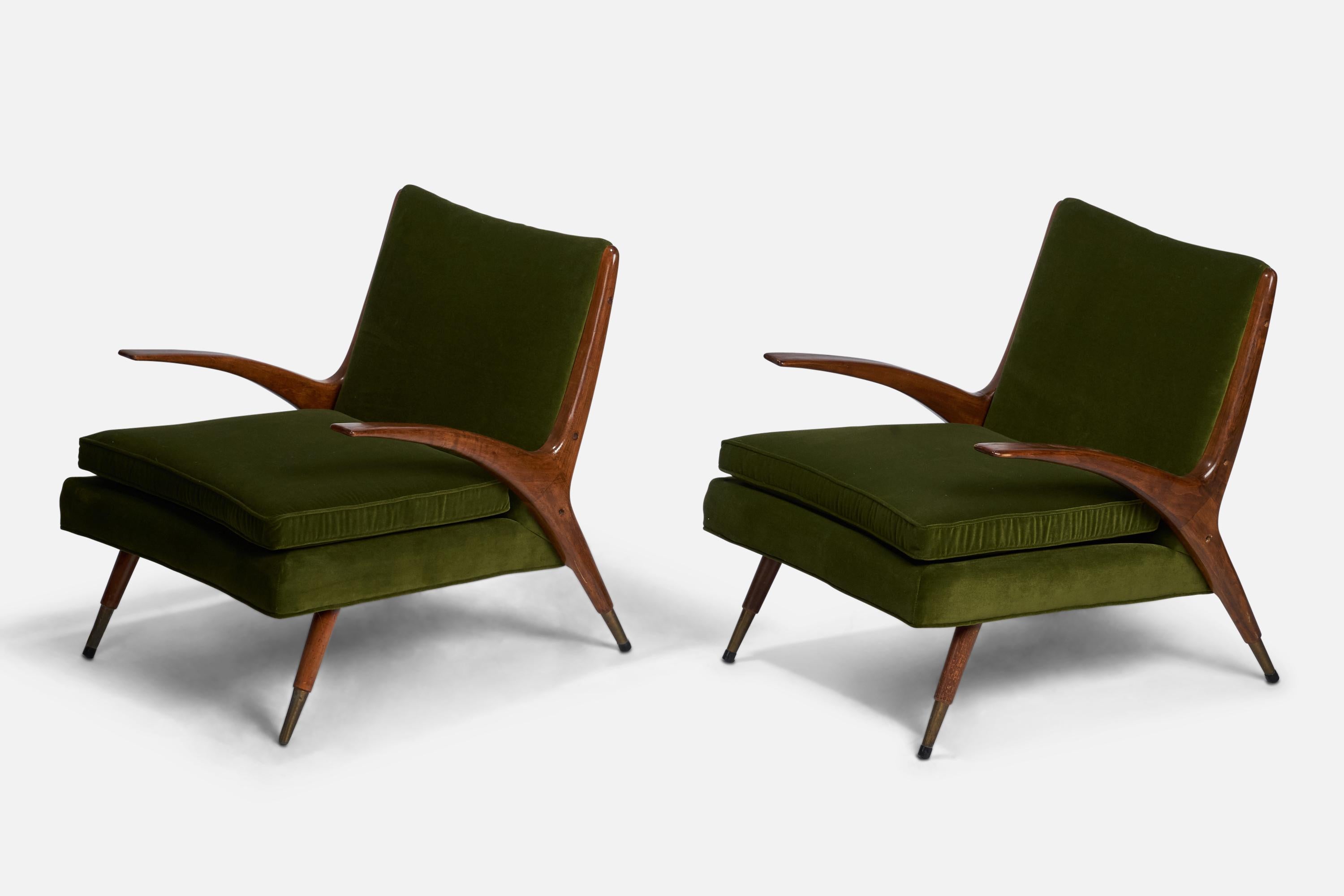 American Karpen of California, Lounge Chairs, Velvet, Walnut, Brass, USA, 1950s For Sale