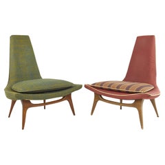 Karpen of California Mid Century High Back Walnut Slipper Lounge Chairs, a Pair