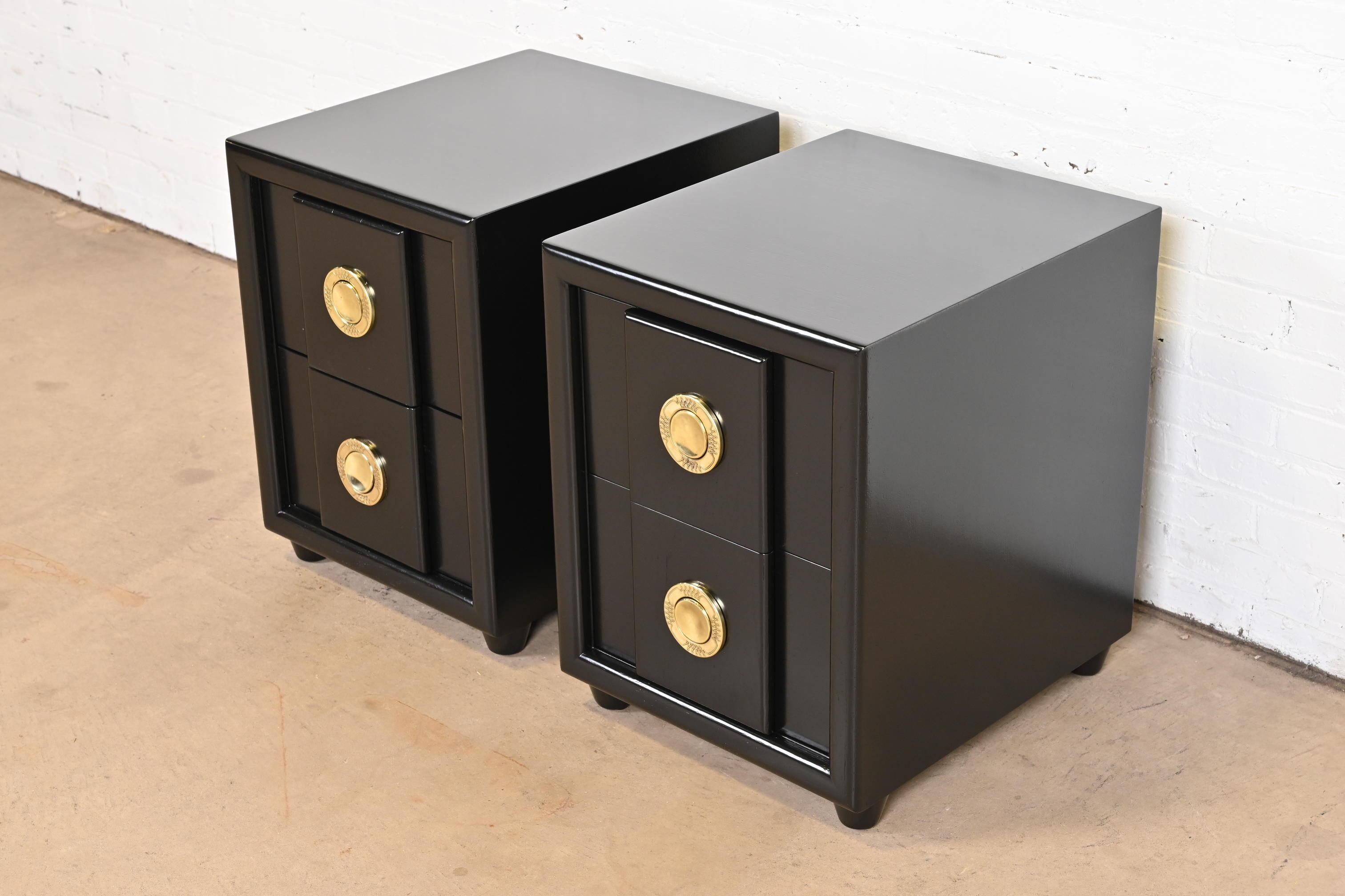 American Karpen of California Mid-Century Modern Black Lacquered Nightstands, Refinished