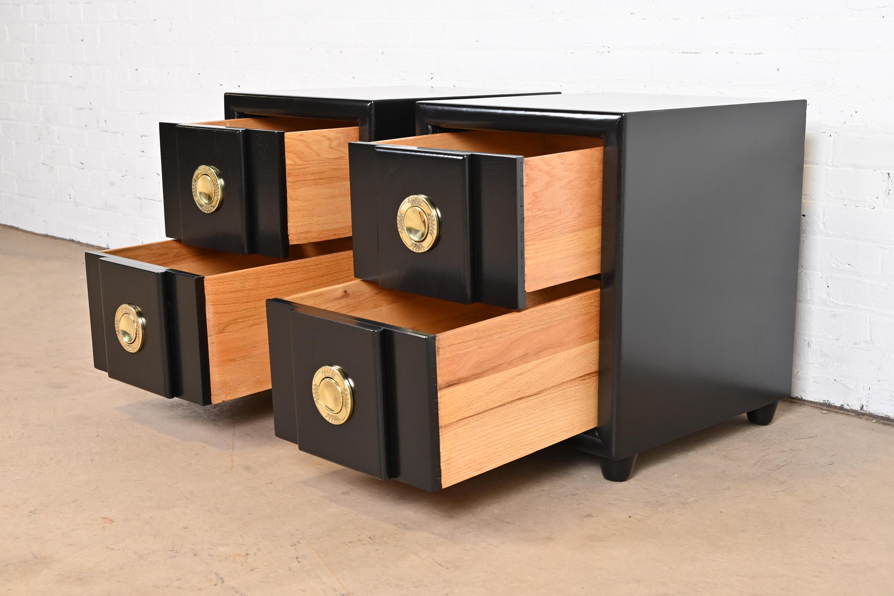 Brass Karpen of California Mid-Century Modern Black Lacquered Nightstands, Refinished