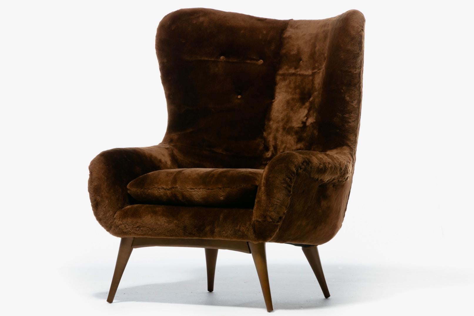 Mid-20th Century Karpen Wingback Chairs in Luxuriously Soft Milk Chocolate Shearling, circa 1950s For Sale