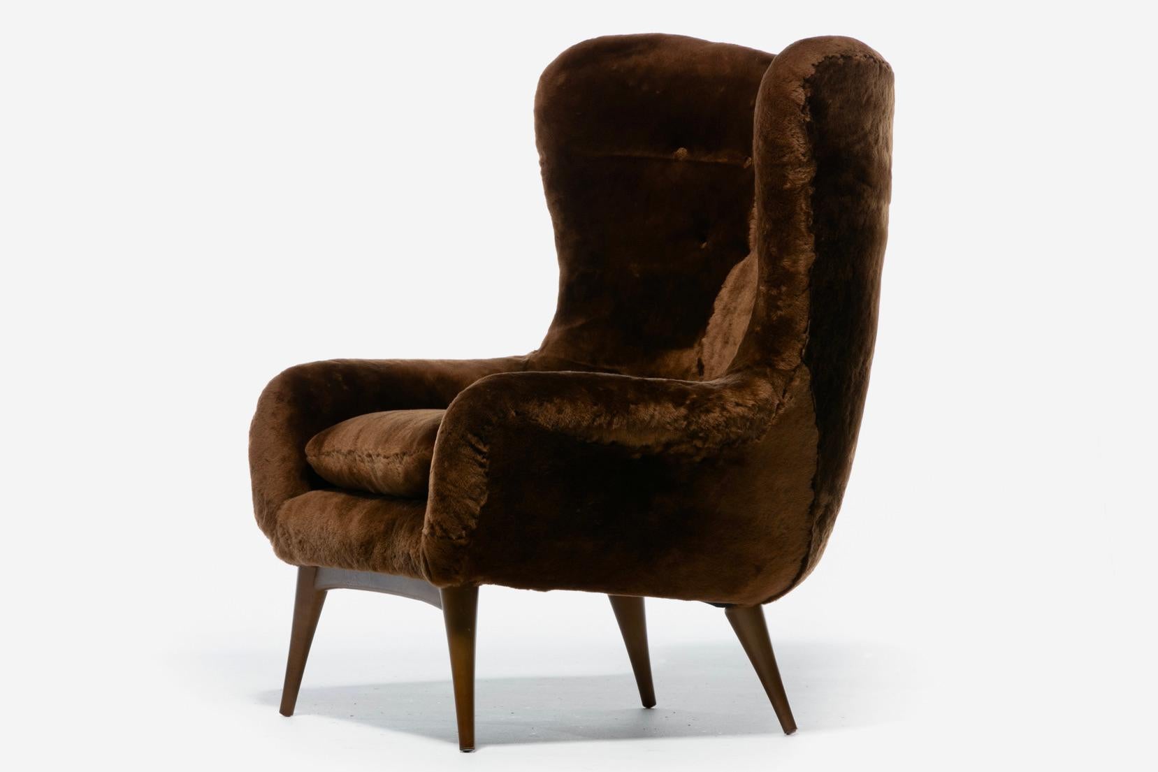 Hide Karpen Wingback Chairs in Luxuriously Soft Milk Chocolate Shearling, circa 1950s For Sale