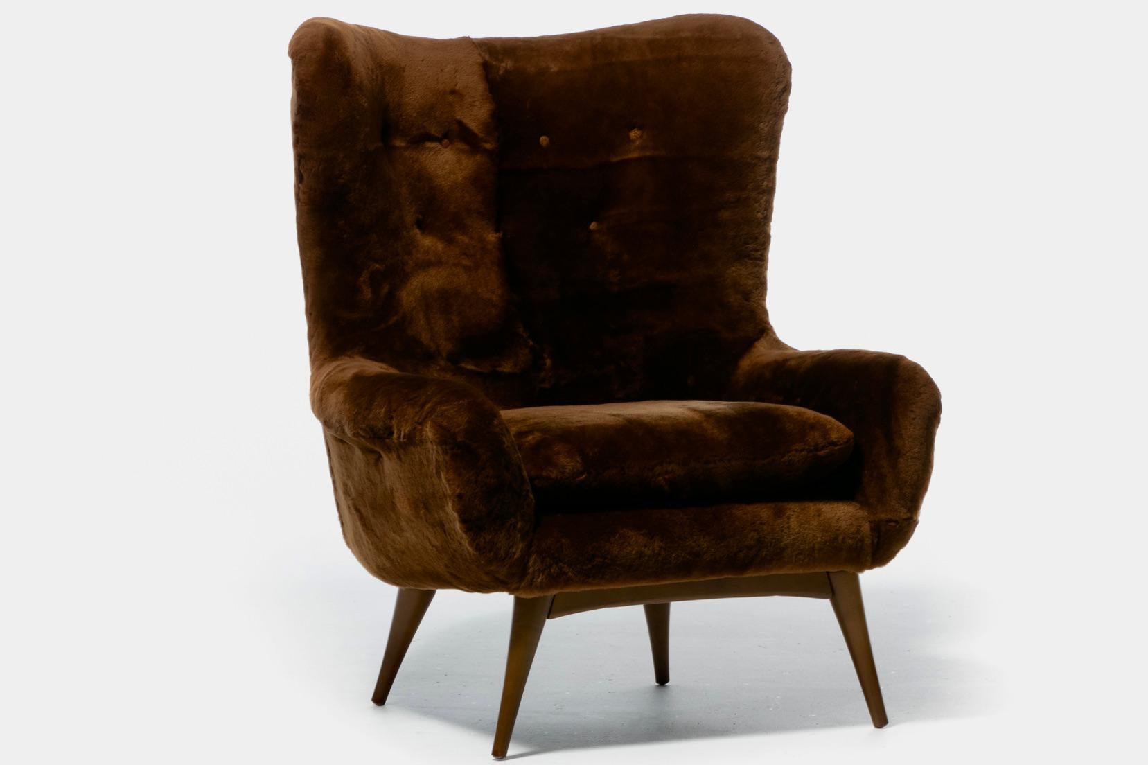 Karpen Wingback Chairs in Luxuriously Soft Milk Chocolate Shearling, circa 1950s For Sale 7