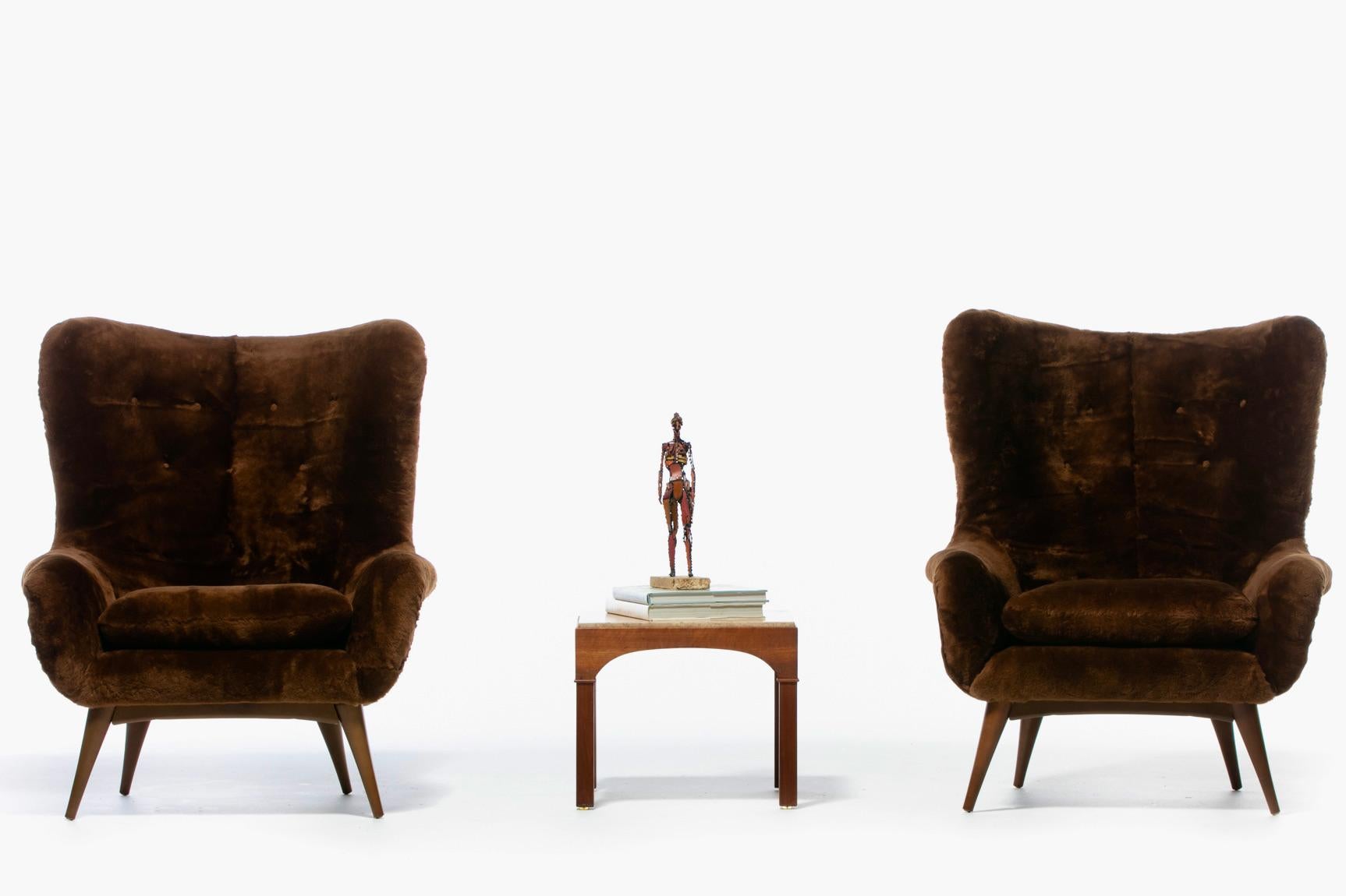 Hand-Crafted Karpen Wingback Chairs in Luxuriously Soft Milk Chocolate Shearling, circa 1950s For Sale