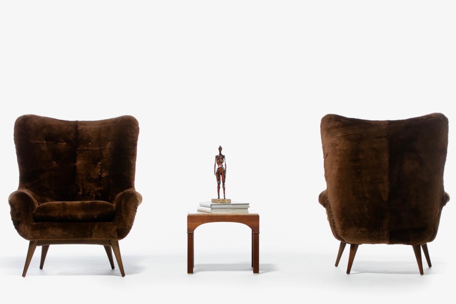 Karpen Wingback Chairs in Luxuriously Soft Milk Chocolate Shearling, circa 1950s In Good Condition For Sale In Saint Louis, MO
