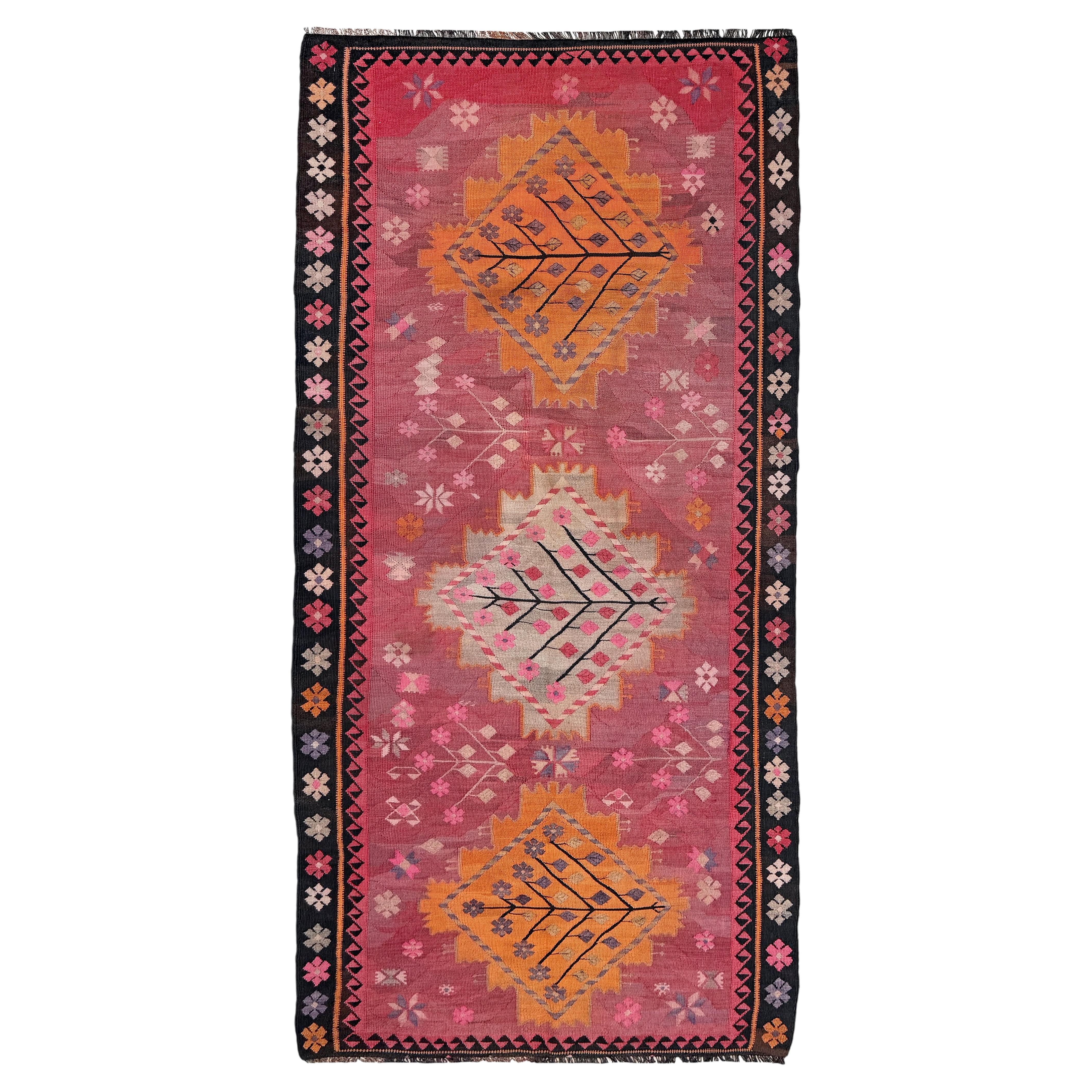Kars Vintage Turkish Kilim Rug • Pink & Apricot Tribal Flatweave Carpet, 1940s