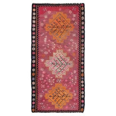 Kars Vintage Turkish Kilim Rug • Pink & Apricot Tribal Flatweave Carpet, 1940s