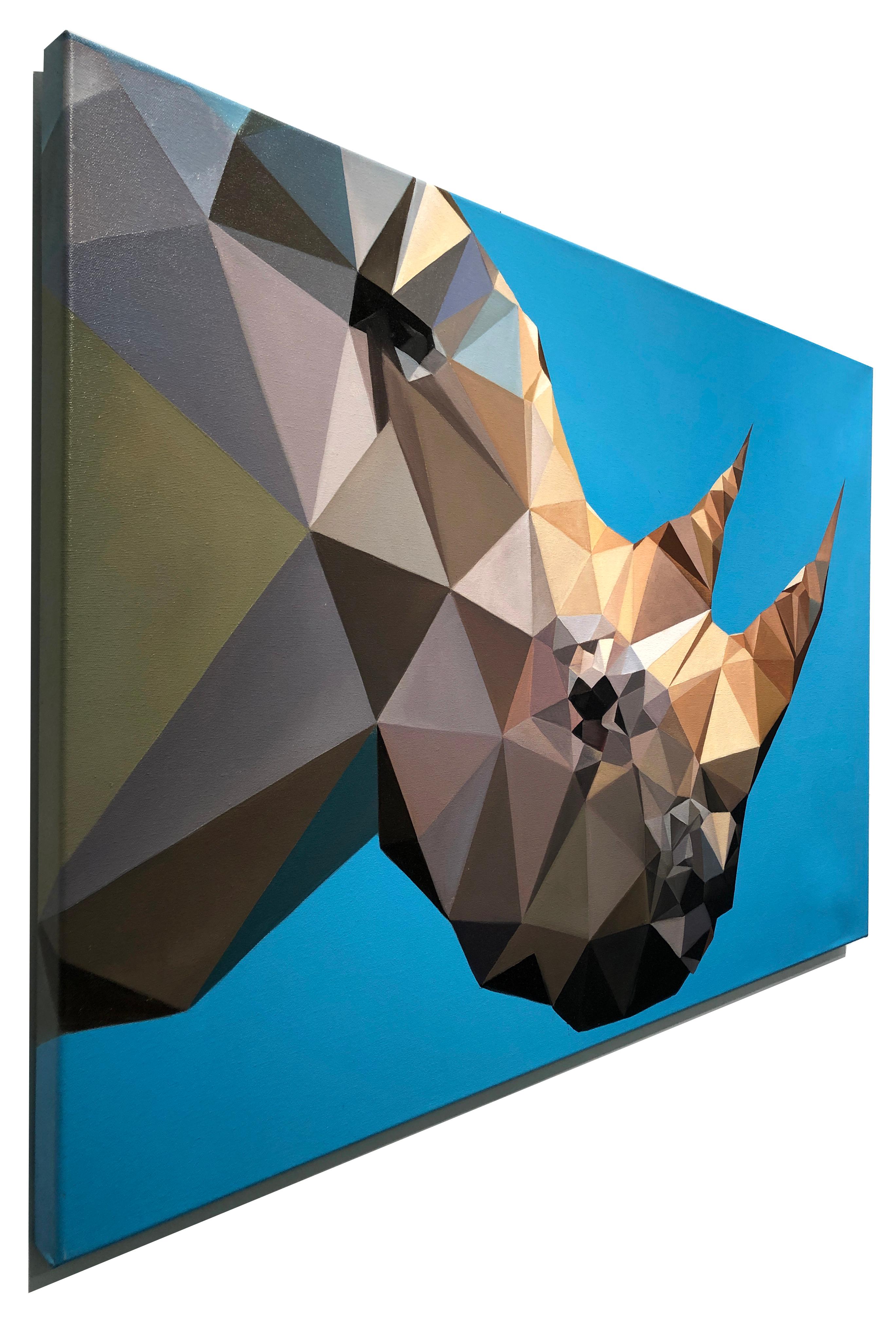 Rhino Blues di KARTEL Olio su tela pop art triangolata, pittura di animali in vendita 2