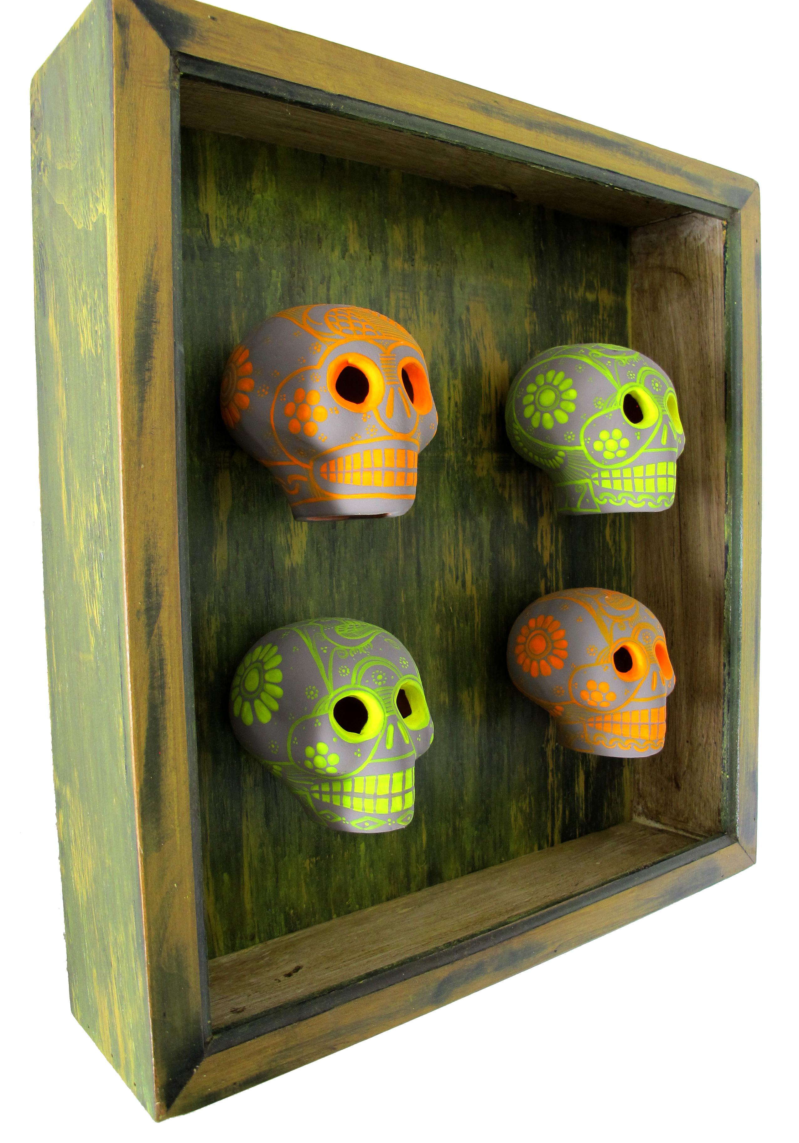 Dia de los Muertos - handmade and painted ceramic skulls with custom frame - Painting by KARTEL