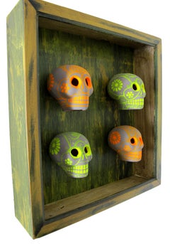 Dia de los Muertos - handmade and painted ceramic skulls with custom frame