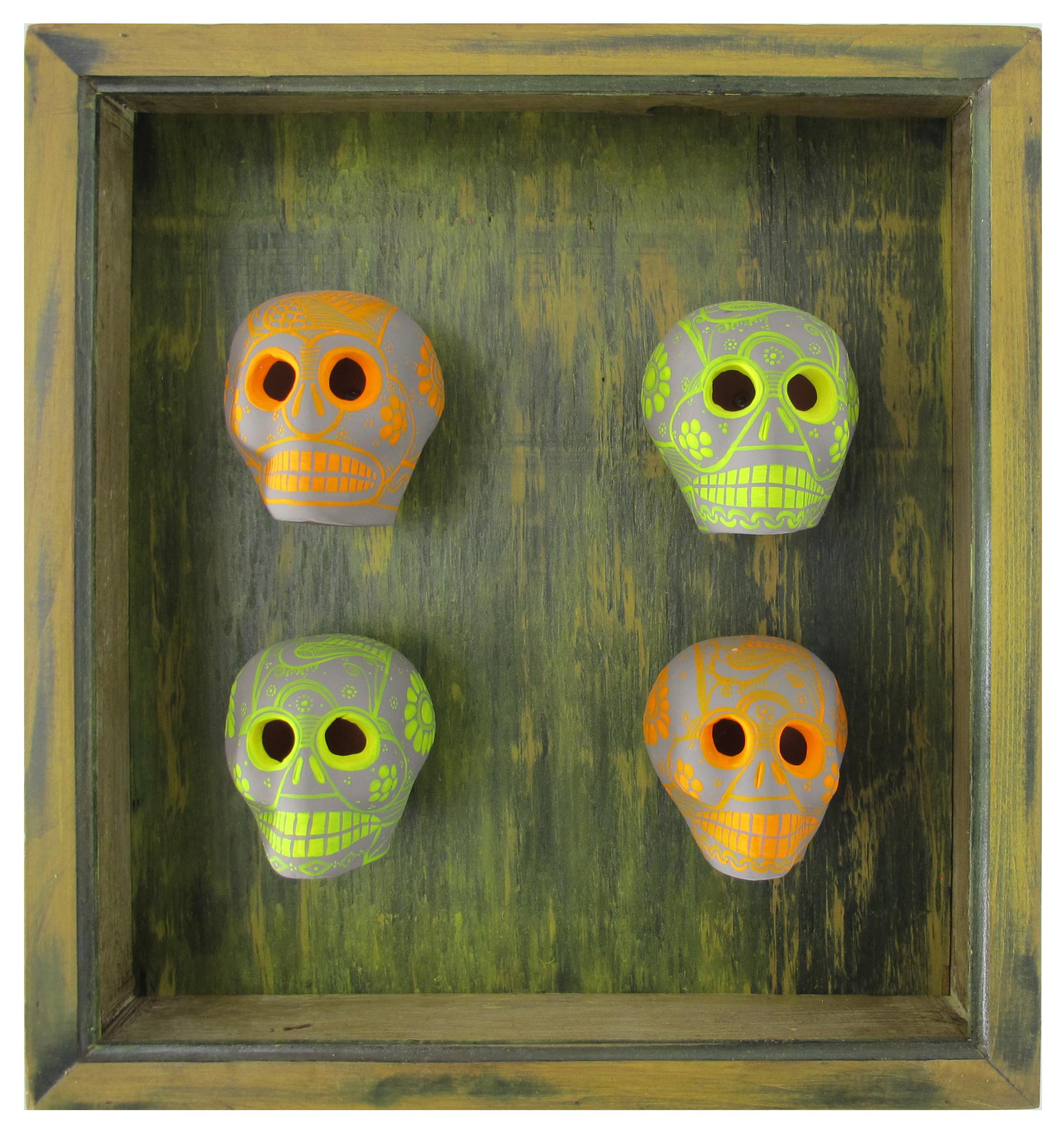 KARTEL Portrait Painting - Dia de los Muertos - handmade and painted ceramic skulls with custom frame
