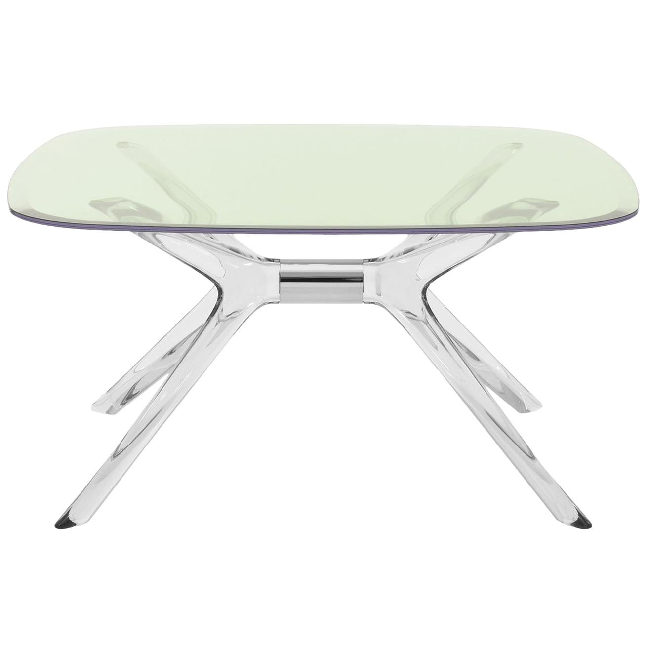 Table basse carrée Kartell Blast en chrome avec plateau vert de Philippe Starck