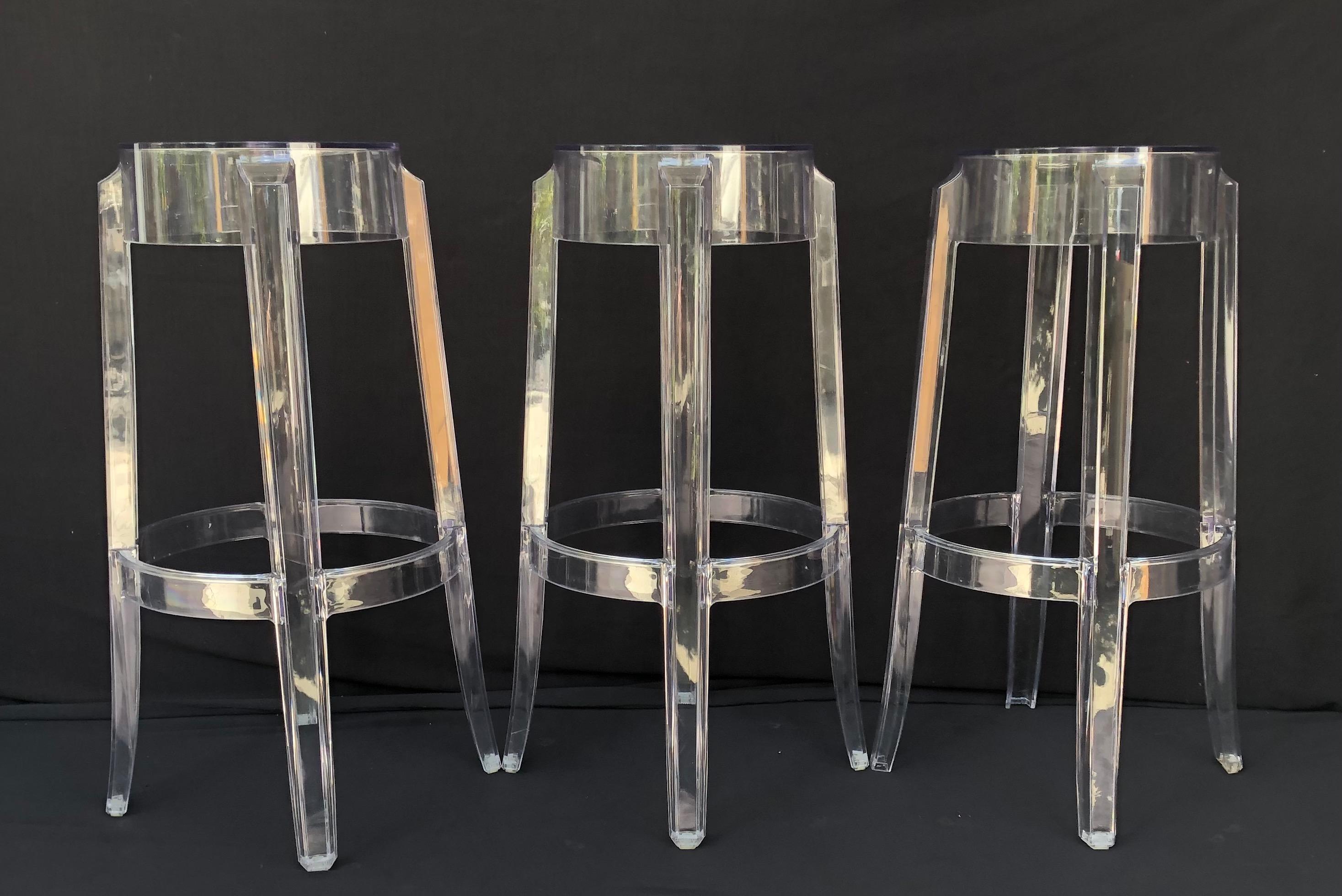 Kartell Charles Ghost Bar Stools by Philippe Starck, Italy, Set of 3 In Good Condition In Miami, FL