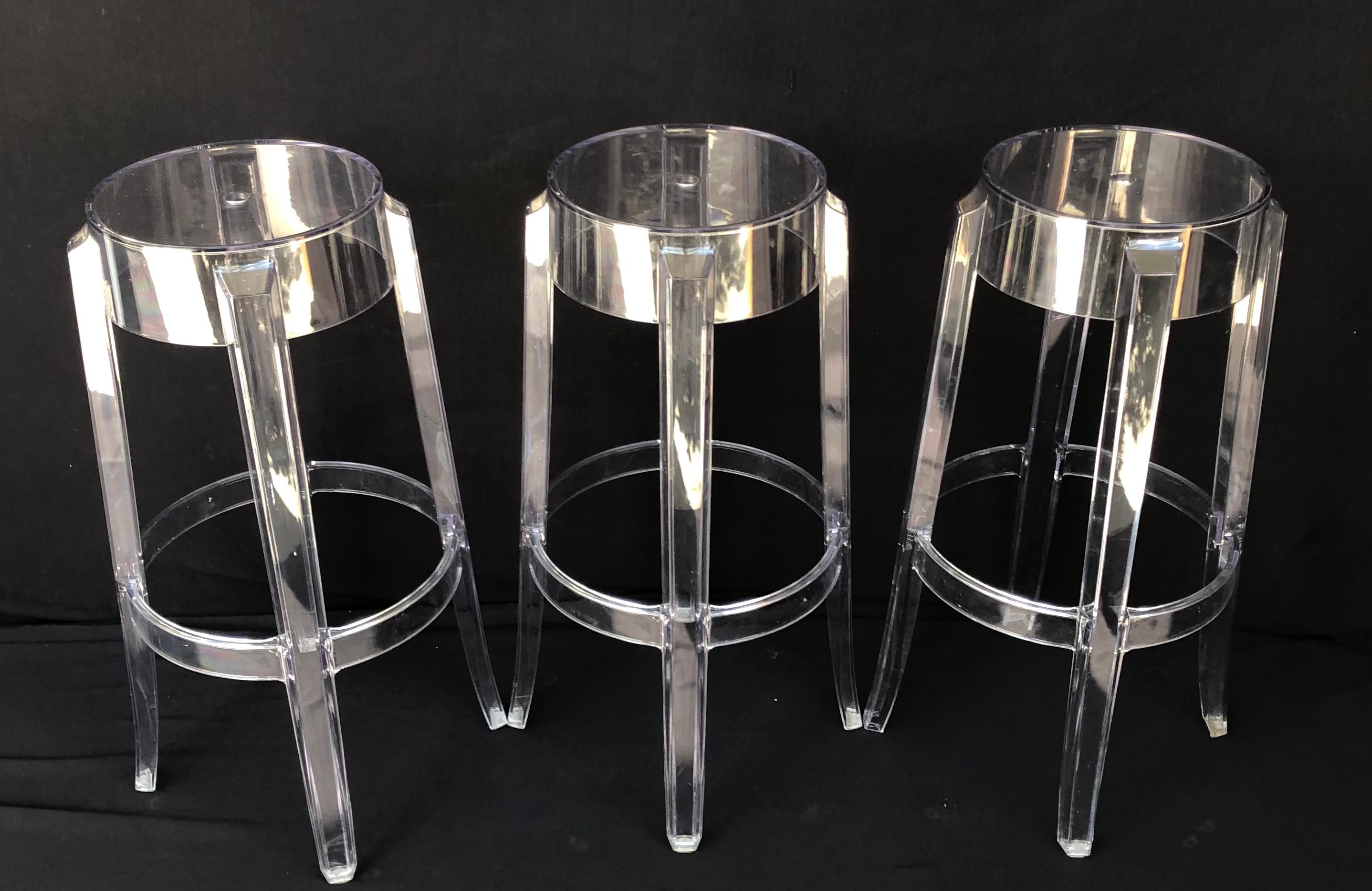 Contemporary Kartell Charles Ghost Bar Stools by Philippe Starck, Italy, Set of 3