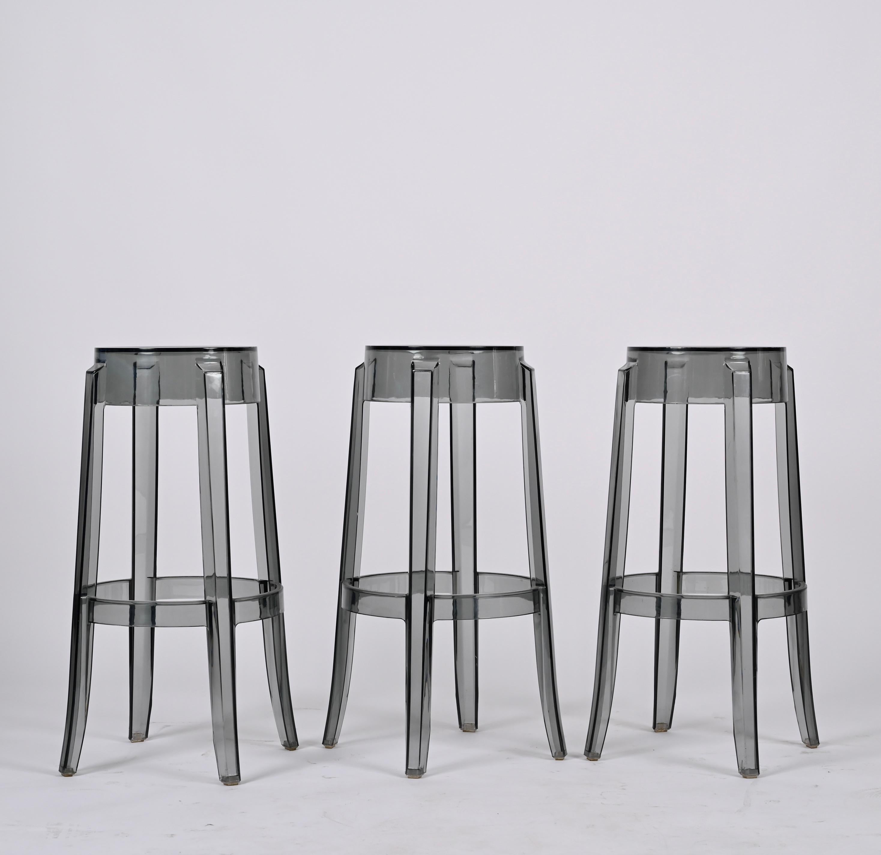 Kartell Charles Ghost Large Stools in Smoke Grey by Philippe Starck, Italy For Sale 1