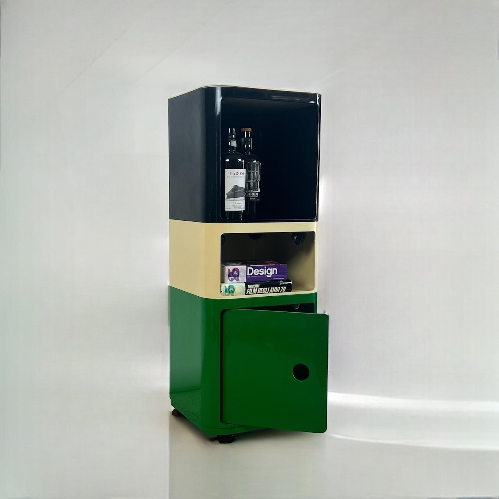 Space Age furniture design set of 3 modular storage units by Kartell, part of the iconic series crafted by Anna Castelli Ferrieri in the late 60s and early 70s. These authentic vintage pieces are not reproductions and feature the distinctive square