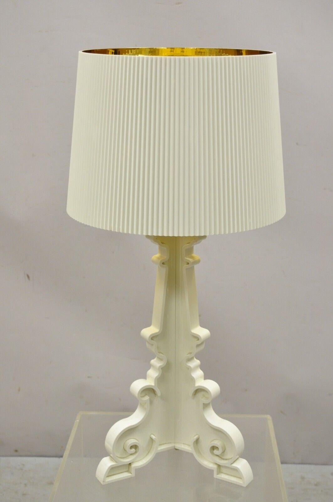 Kartell Ferruccio Laviani Bourgie White Baroque Table Lamp with Shade. Item features the original shade with gold interior. Off white colored lamp, original label, clean modernist lines, great style and form, original retail price $730. Circa Early
