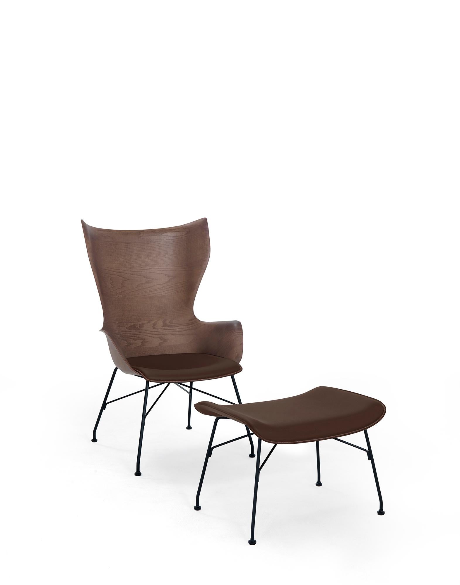 Modern Kartell K-wood Arm-Chair by Philippe Starck in Dark Wood Black with Leather Seat For Sale
