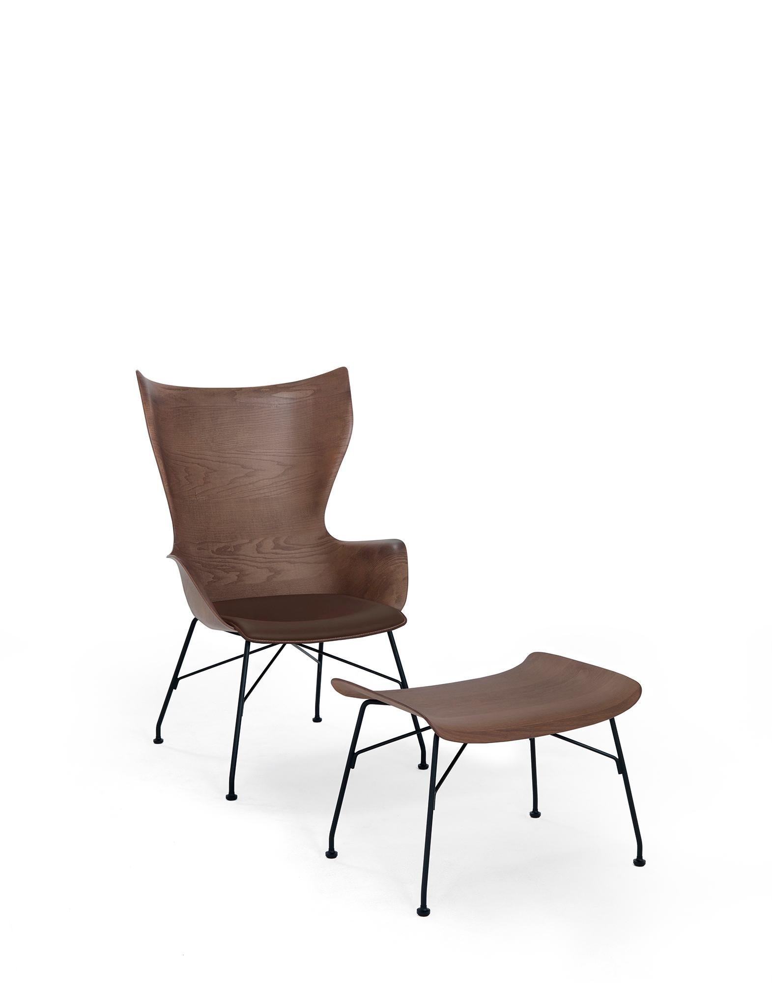 Modern Kartell K-Wood Arm-Chair by Philippe Starck in Dark Wood Black with Leather Seat For Sale