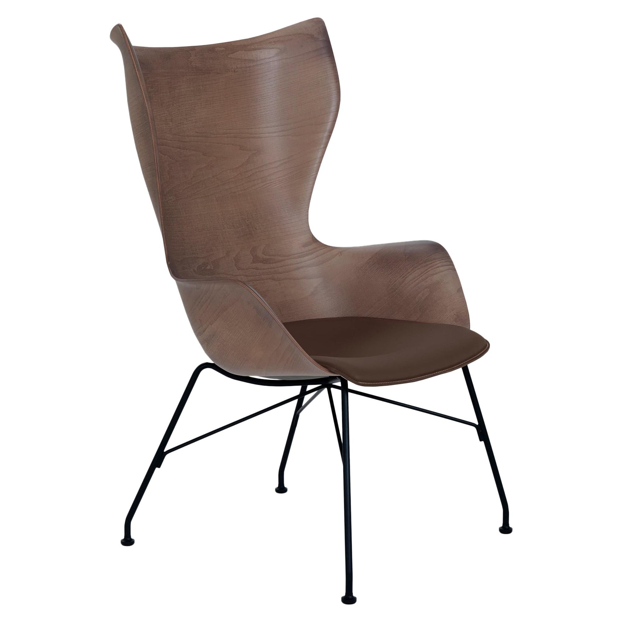 Kartell K-wood Arm-Chair by Philippe Starck in Dark Wood Black with Leather Seat For Sale