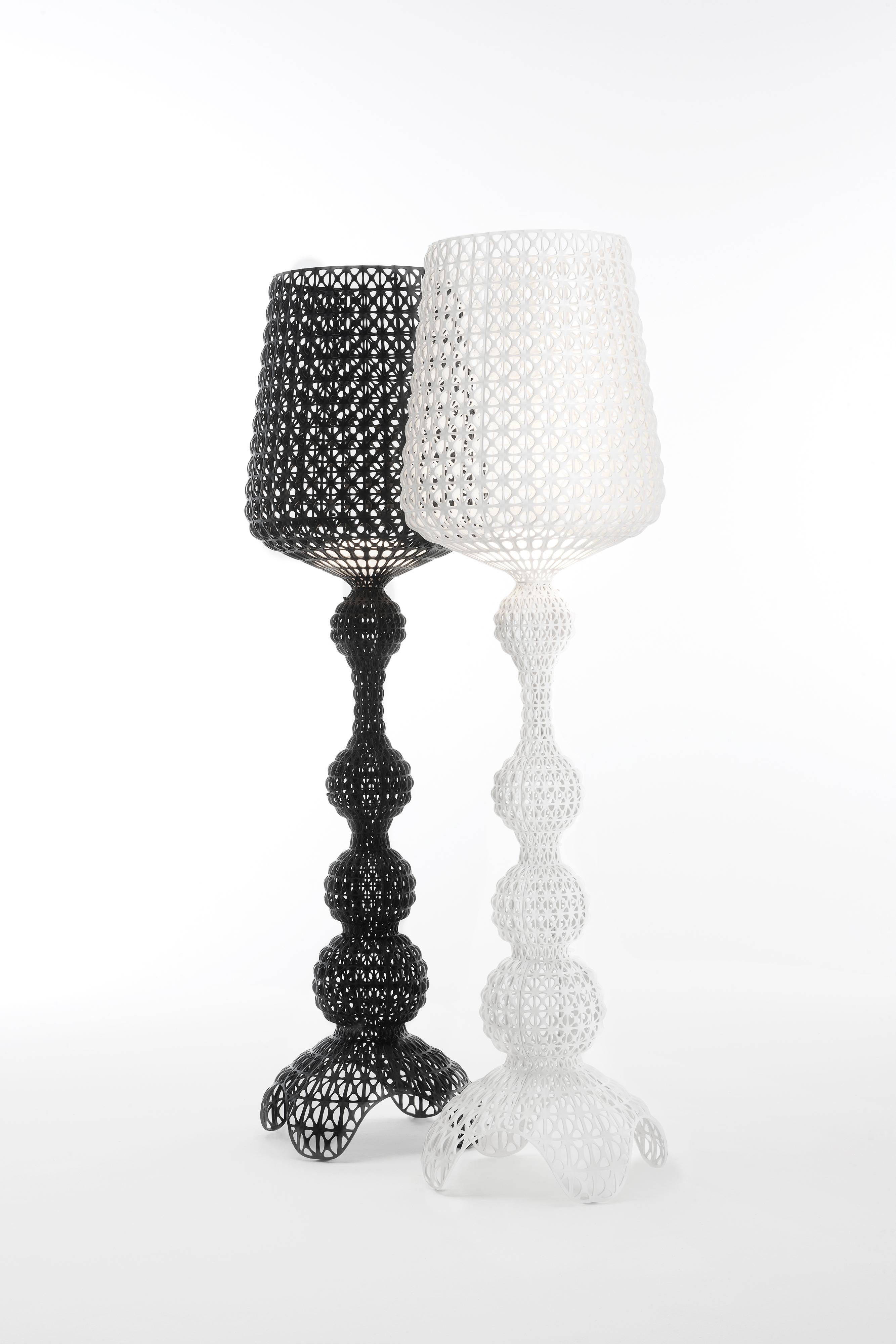 The Kabuki floor lamp is injection moulded. The sophisticated injection technology used makes it possible to crate a woven structure similar to lace with a unique perforated surface through which the light is diffused.

Dimensions: Height: 65.33