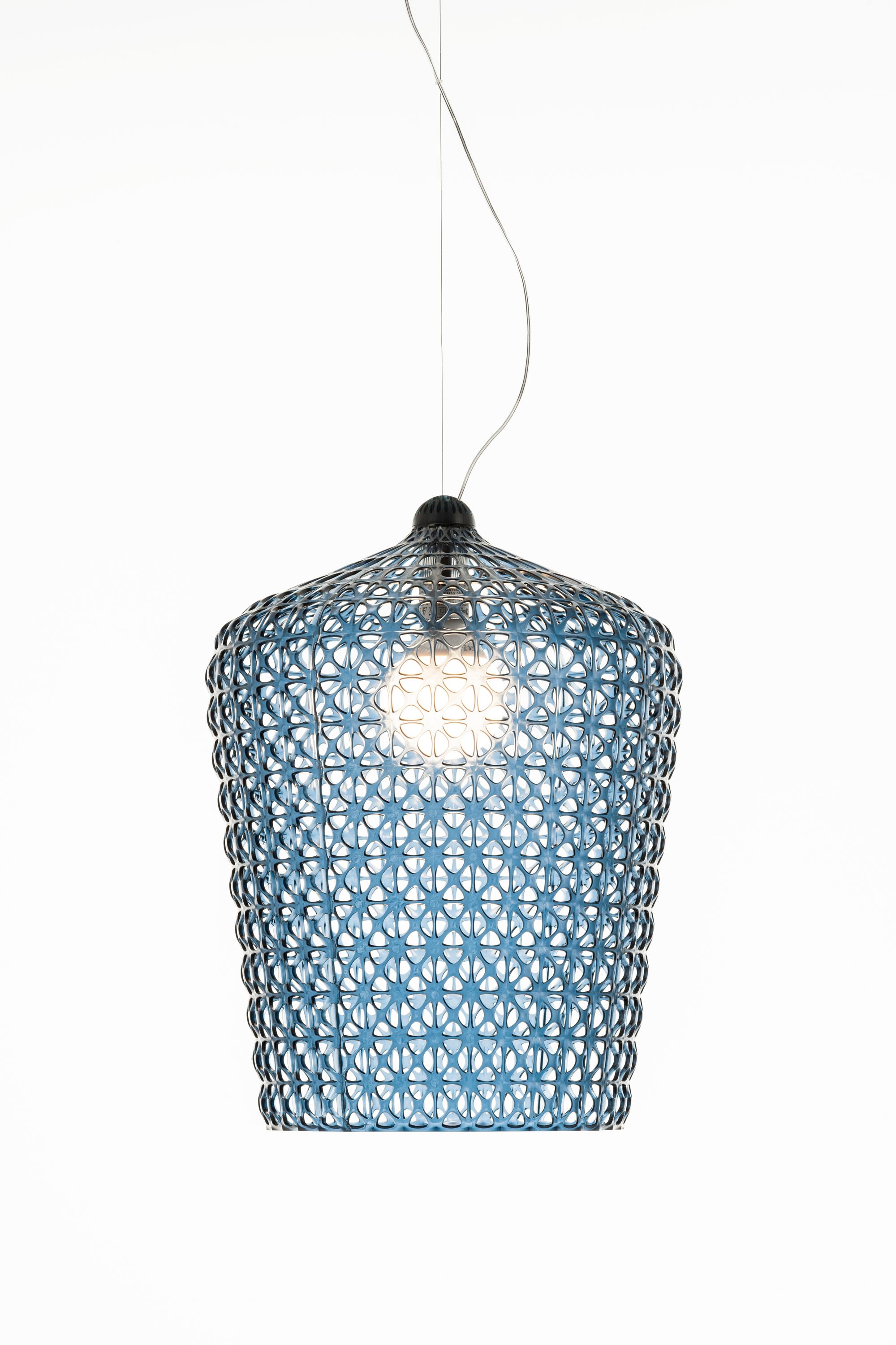 Kabuki pendant light in blue.

Dimensions: Height: 19.67 in.; Diameter: 23 in. Made of: Thermoplastic Technopolymer. Assembly required. Voltage: 120. Cord length (inches): 28.75-105.50. Not adaptable for other countries. Integrated LED. Kelvins: