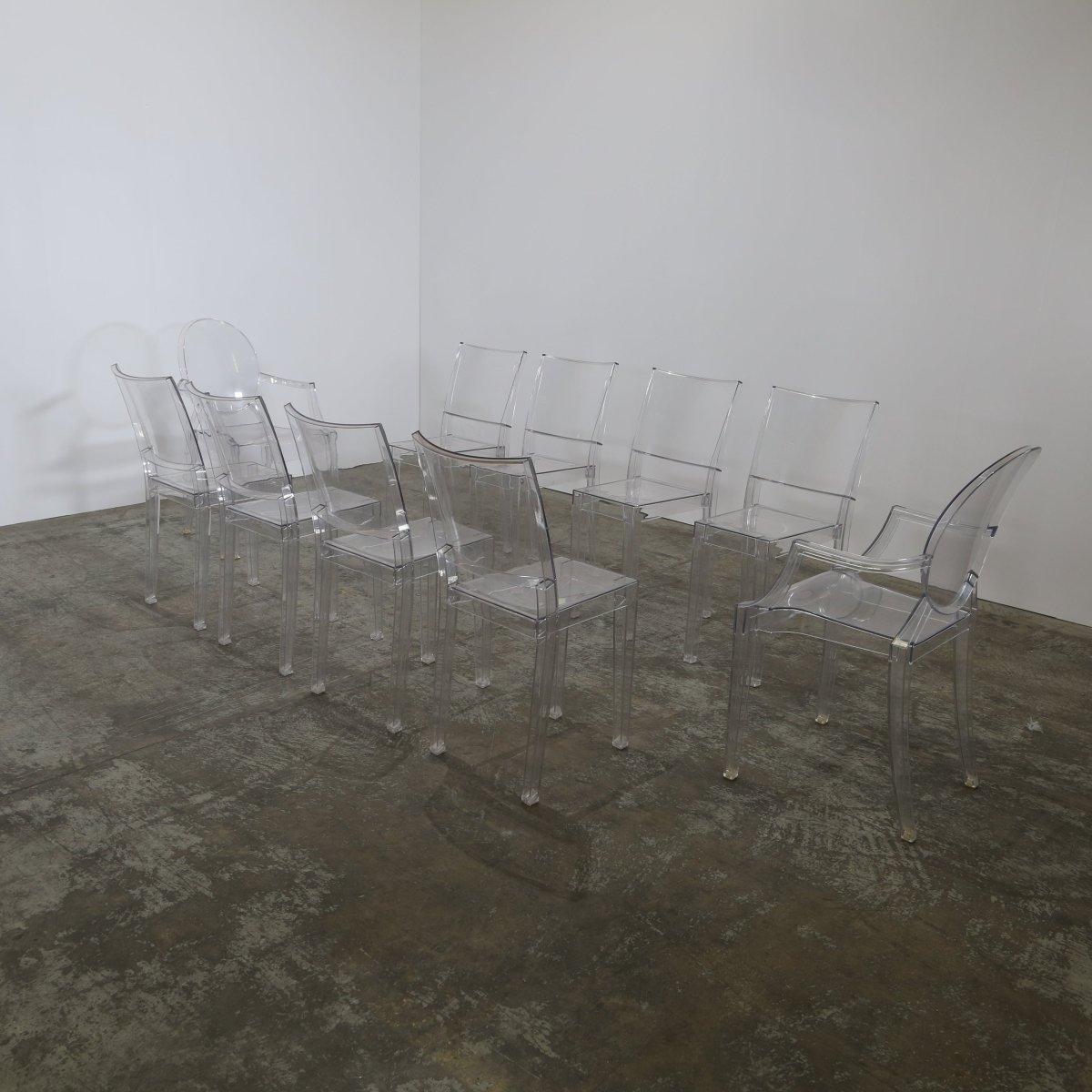 The Kartell La Marie Chairs by Philippe Starck are celebrated icons of contemporary design. Made from durable polycarbonate, they combine strength and lightness with a striking transparent look. Their minimalist silhouette allows them to blend