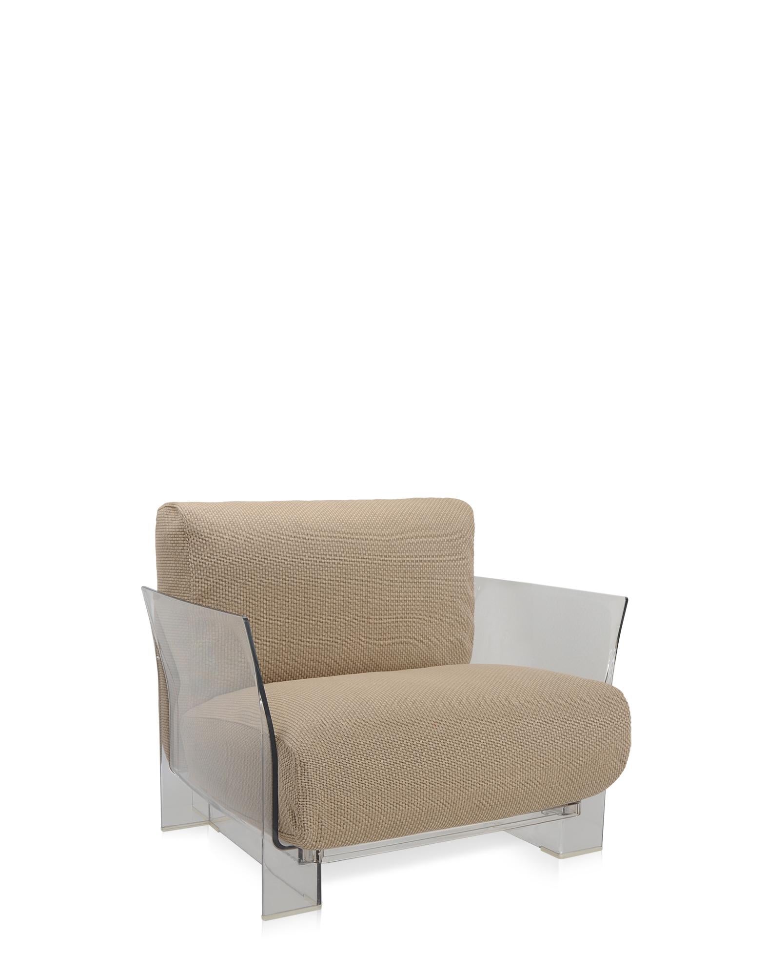 Pop outdoor is the modular sofa with evanescent profiles characterised by large seat and backrest cushions which make it soft and comfortable, made with fabrics conceived specifically for outdoor use. 
The Pop collection is completed by an armchair