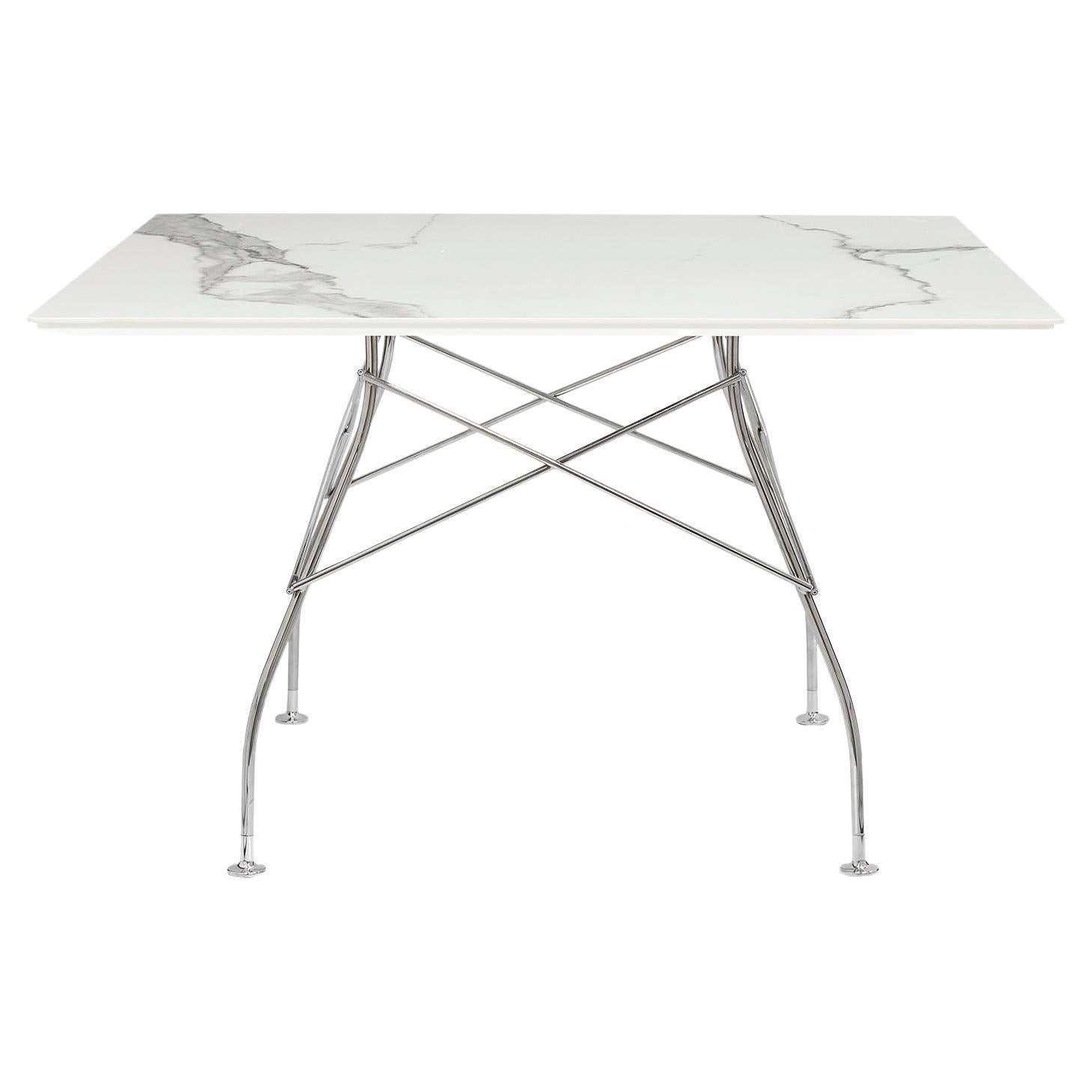 Kartell Square Glossy Table in Marble White Chrome Frame by Antonio Citterio For Sale