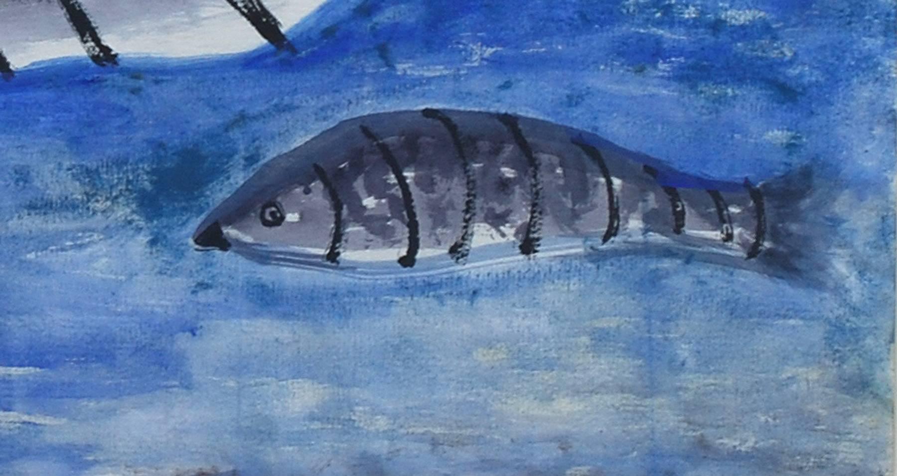 Pesci nell'acqua, Acquerello su carta, Blu di un artista indiano moderno 