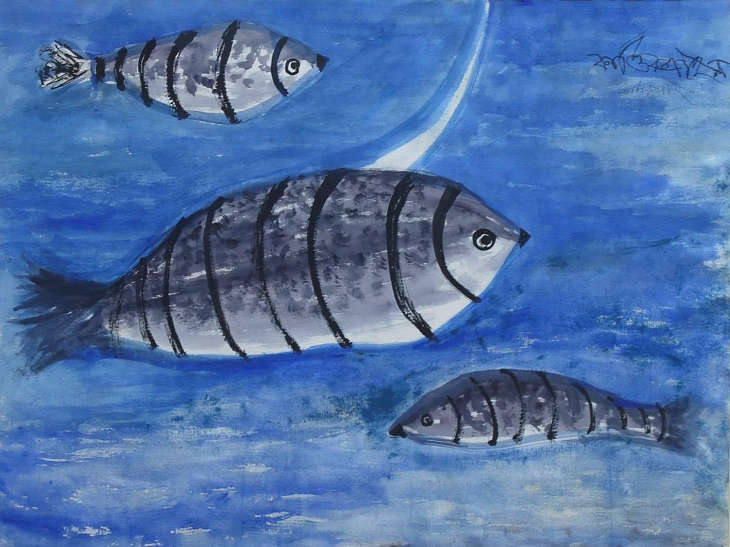 Pesci nell'acqua, Acquerello su carta, Blu di un artista indiano moderno 