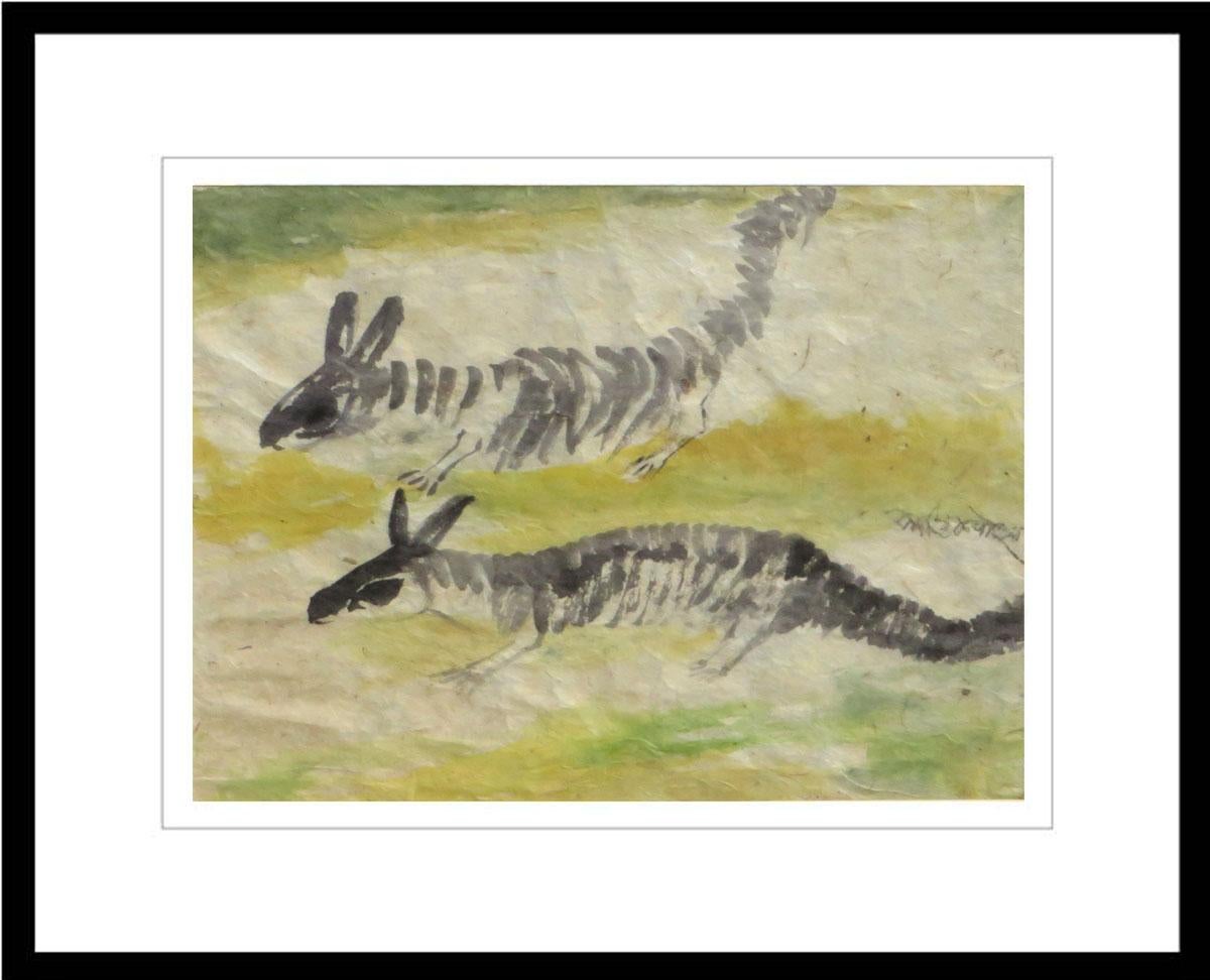 Kartick Chandra Pyne Animal Painting - squirrels, Watercolor on Rice paper, Brown, Green, Yellow by K.C. Pyne"In Stock"