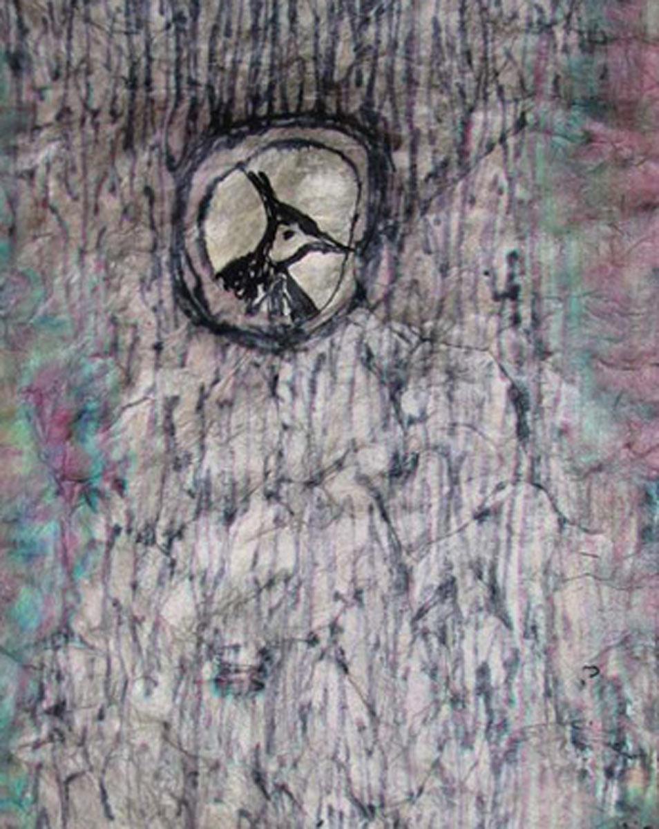 Birds, Nest, Shelter, Watercolor on Rice Paper, Black, Green, Pink 