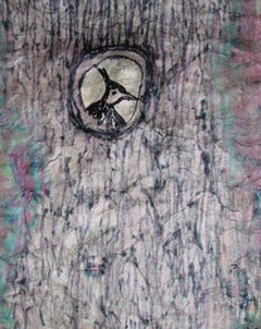 Birds, Nest, Shelter, Watercolor on Rice Paper, Black, Green, Pink "In Stock"