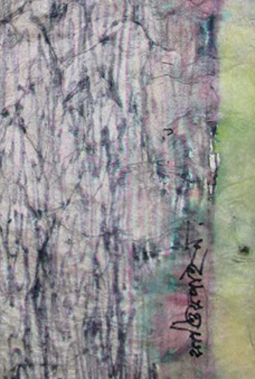 Birds, Nest, Shelter, Watercolor on Rice Paper, Black, Green, Pink 