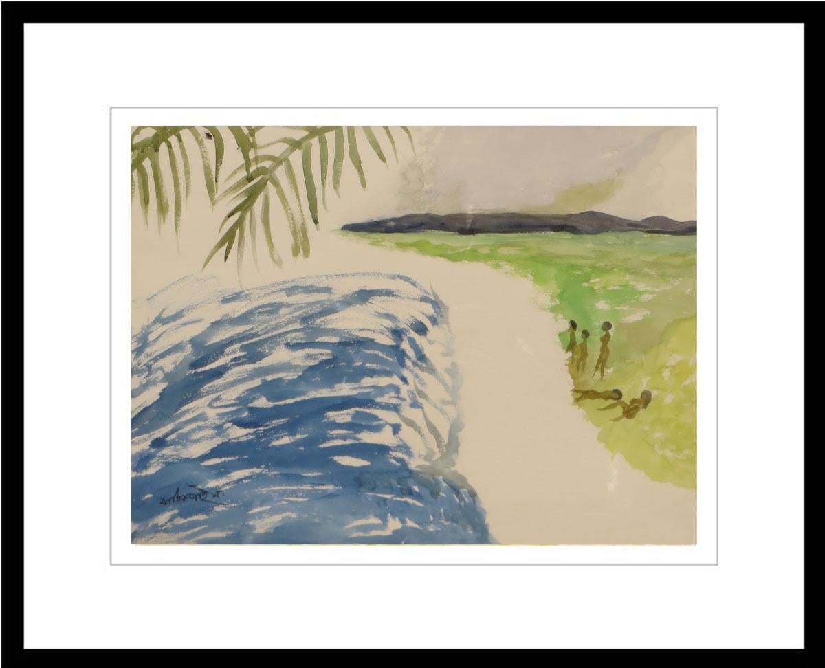 Kartick Chandra Pyne Nude Painting – Landschaft, Akt, Aquarell, Blau, Grün, Gelb von indischer Künstler, „Auf Lager“