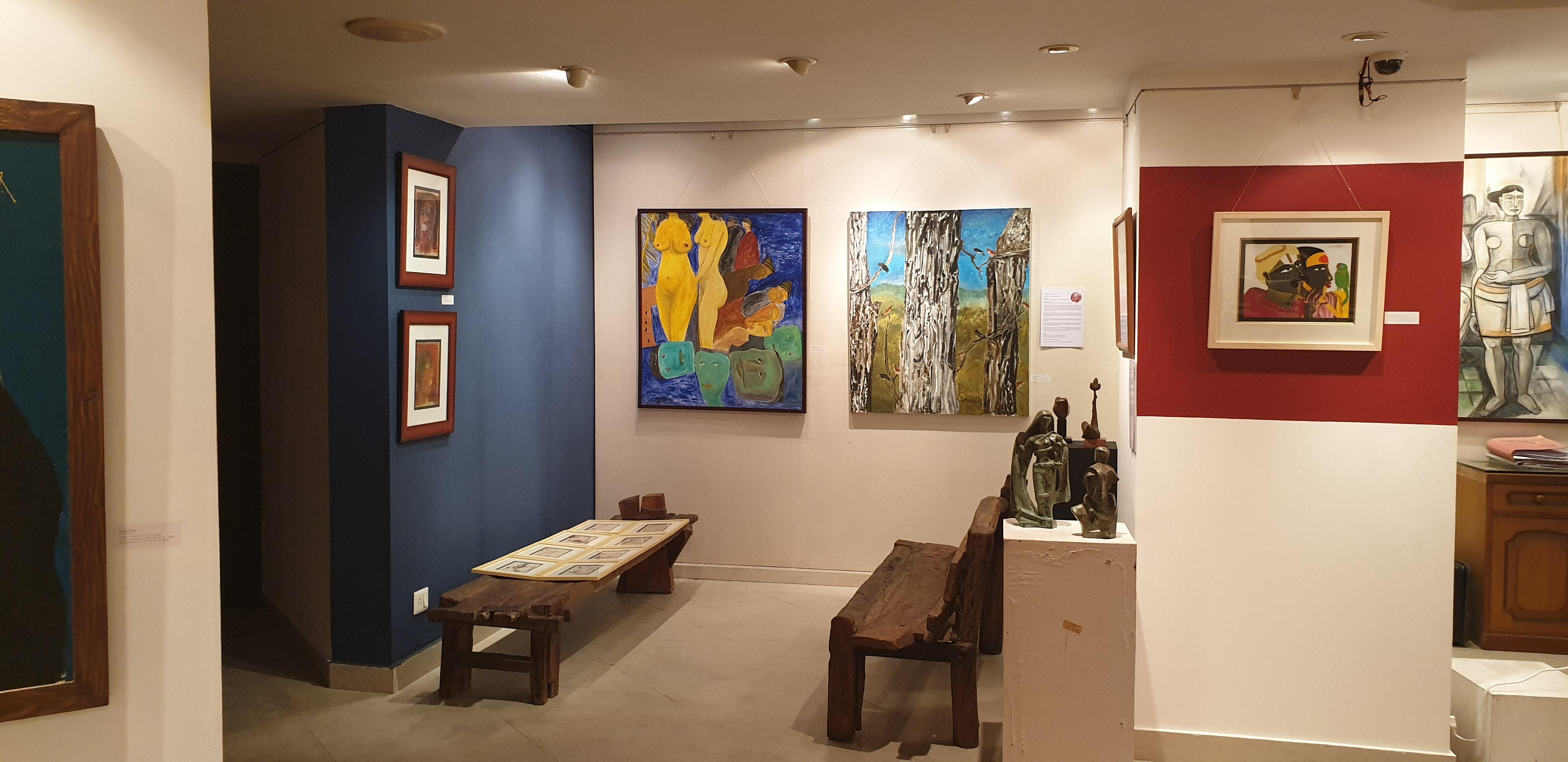Paysage, huile sur toile, noir, bleu, rouge par l'artiste indien moderne « en stock » en vente 1