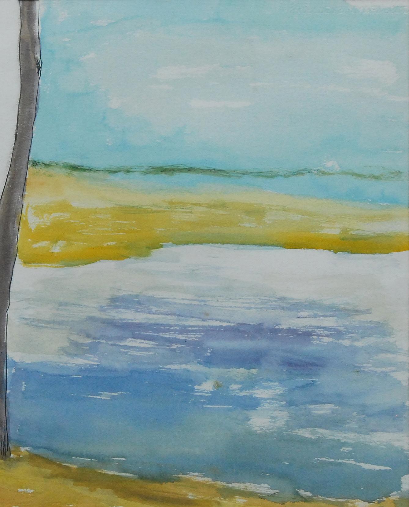 Landscape, Watercolor on paper, Blue, Brown, Yellow by Modern Artist 