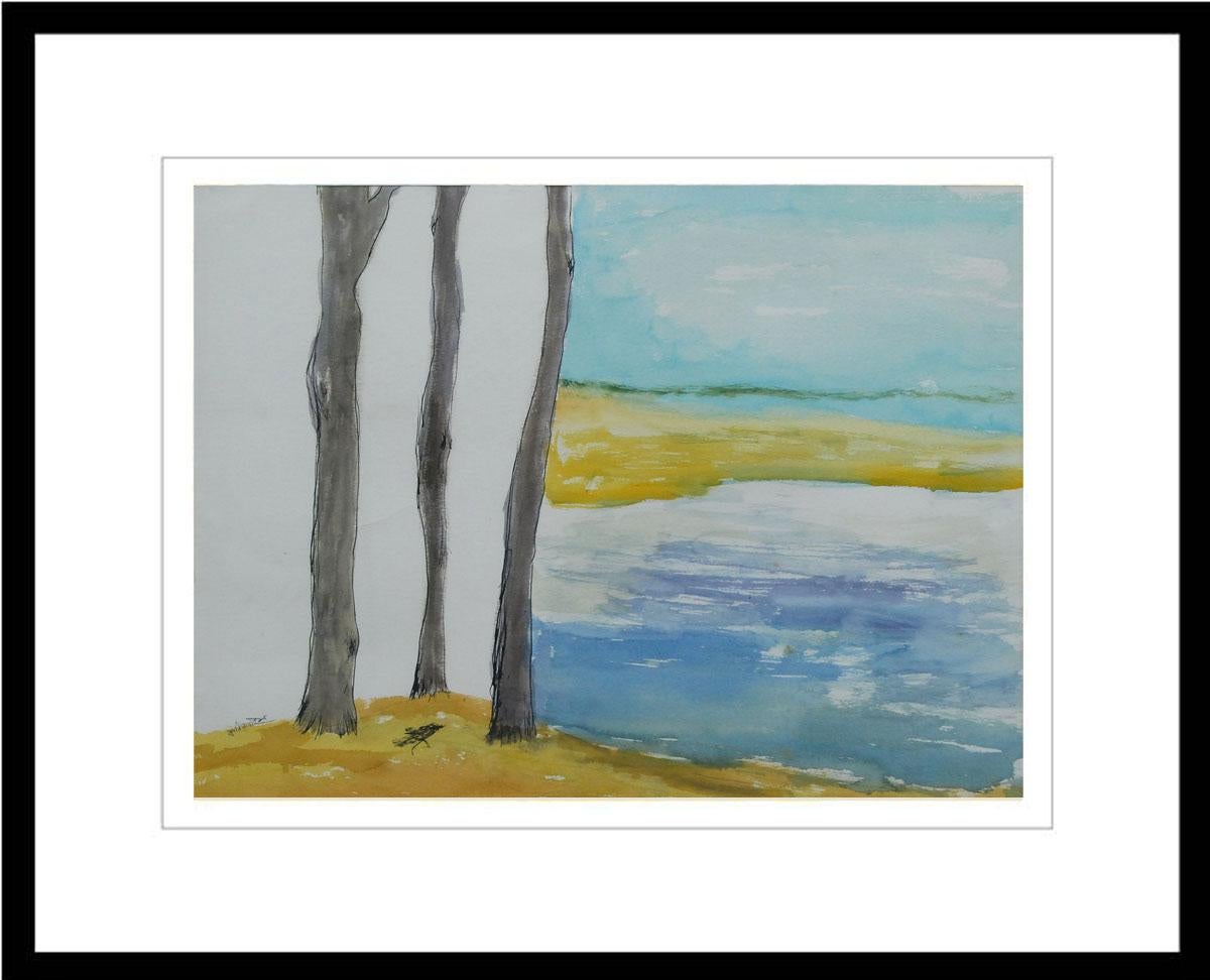 Landscape, Watercolor on paper, Blue, Brown, Yellow by Modern Artist "In Stock"