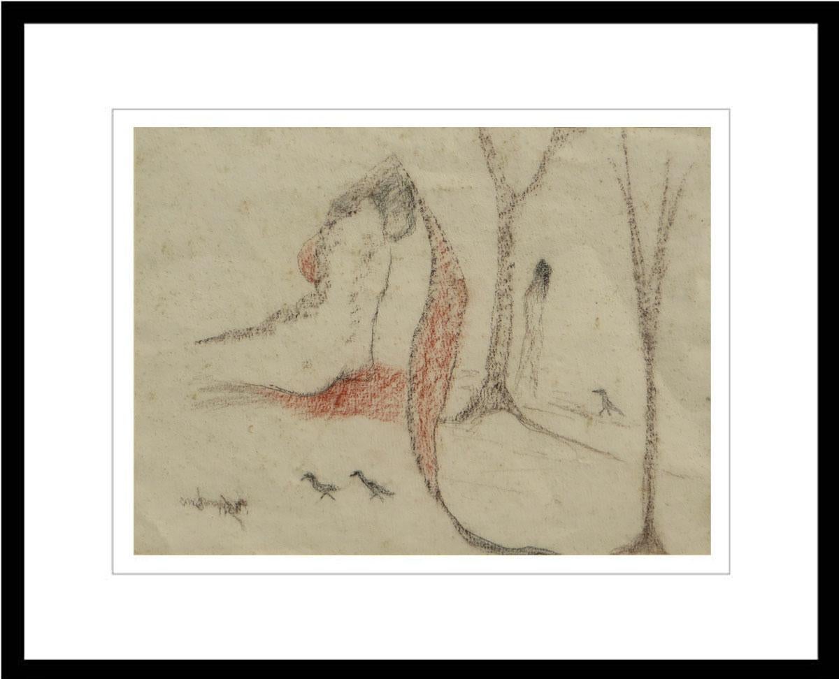 Nudo, Figurativo, Pastello su carta, Colori marrone e rosso di Artista indiano "In magazzino"
