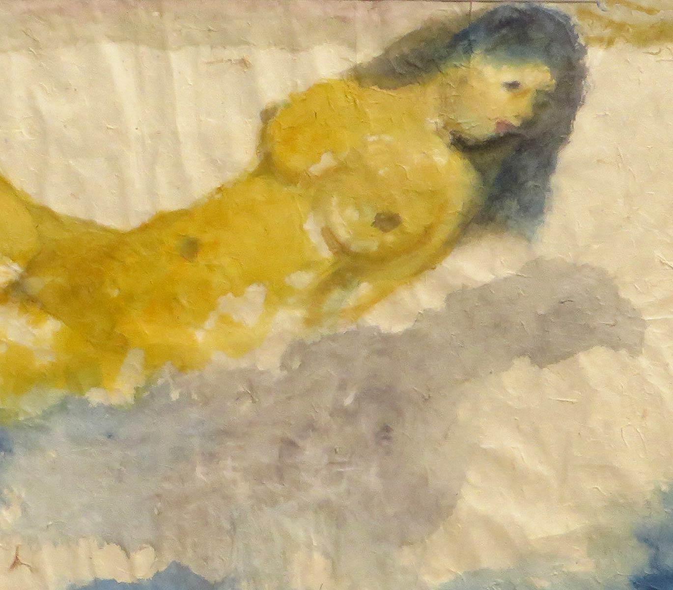 Nude Frau beim Baden, Liegen, Aquarell, Blau, Gelb von K.C. Pyne „“Auf Lager“ (Moderne), Painting, von Kartick Chandra Pyne
