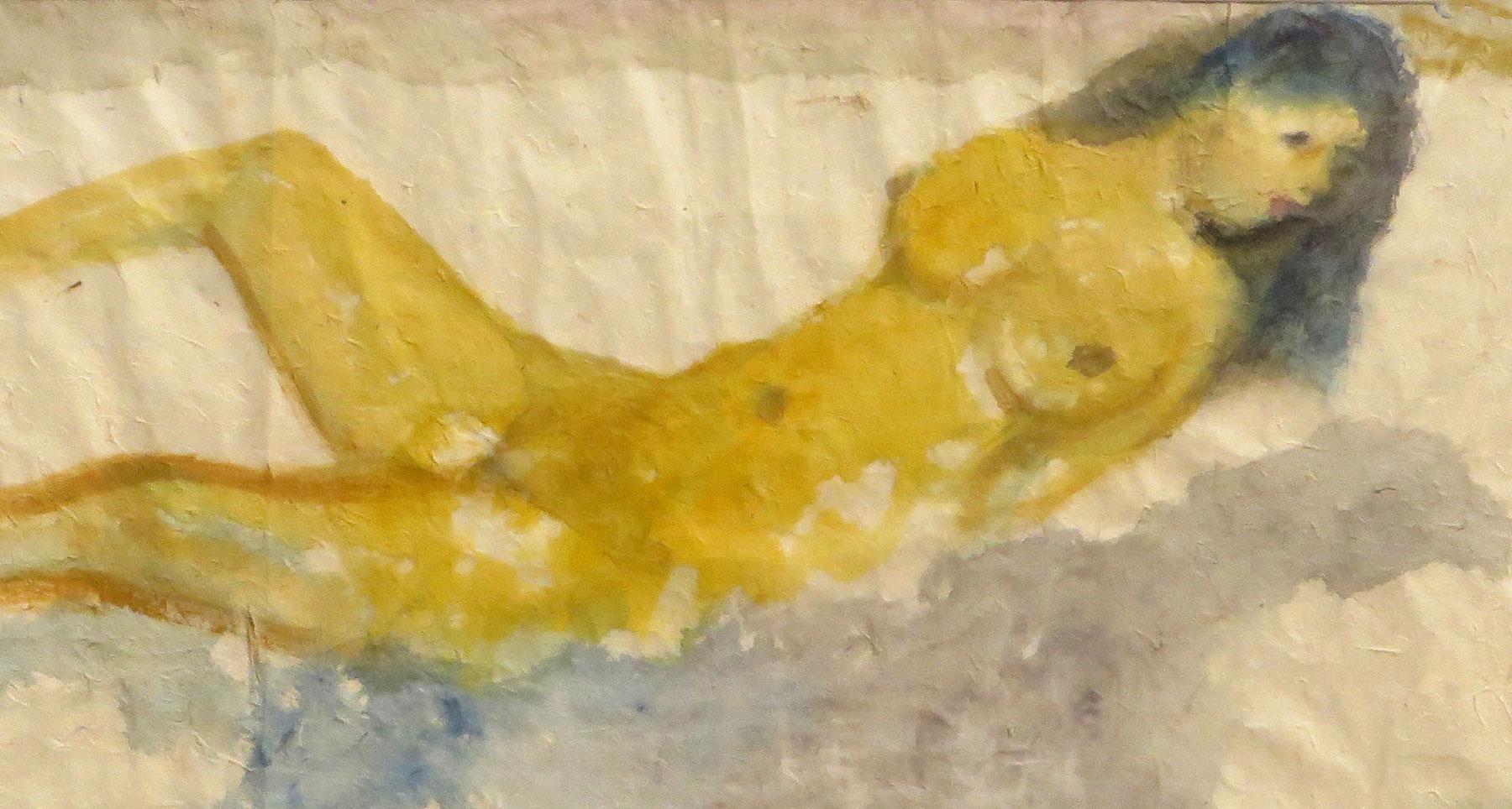 Nude Frau beim Baden, Liegen, Aquarell, Blau, Gelb von K.C. Pyne „“Auf Lager“ (Beige), Figurative Painting, von Kartick Chandra Pyne