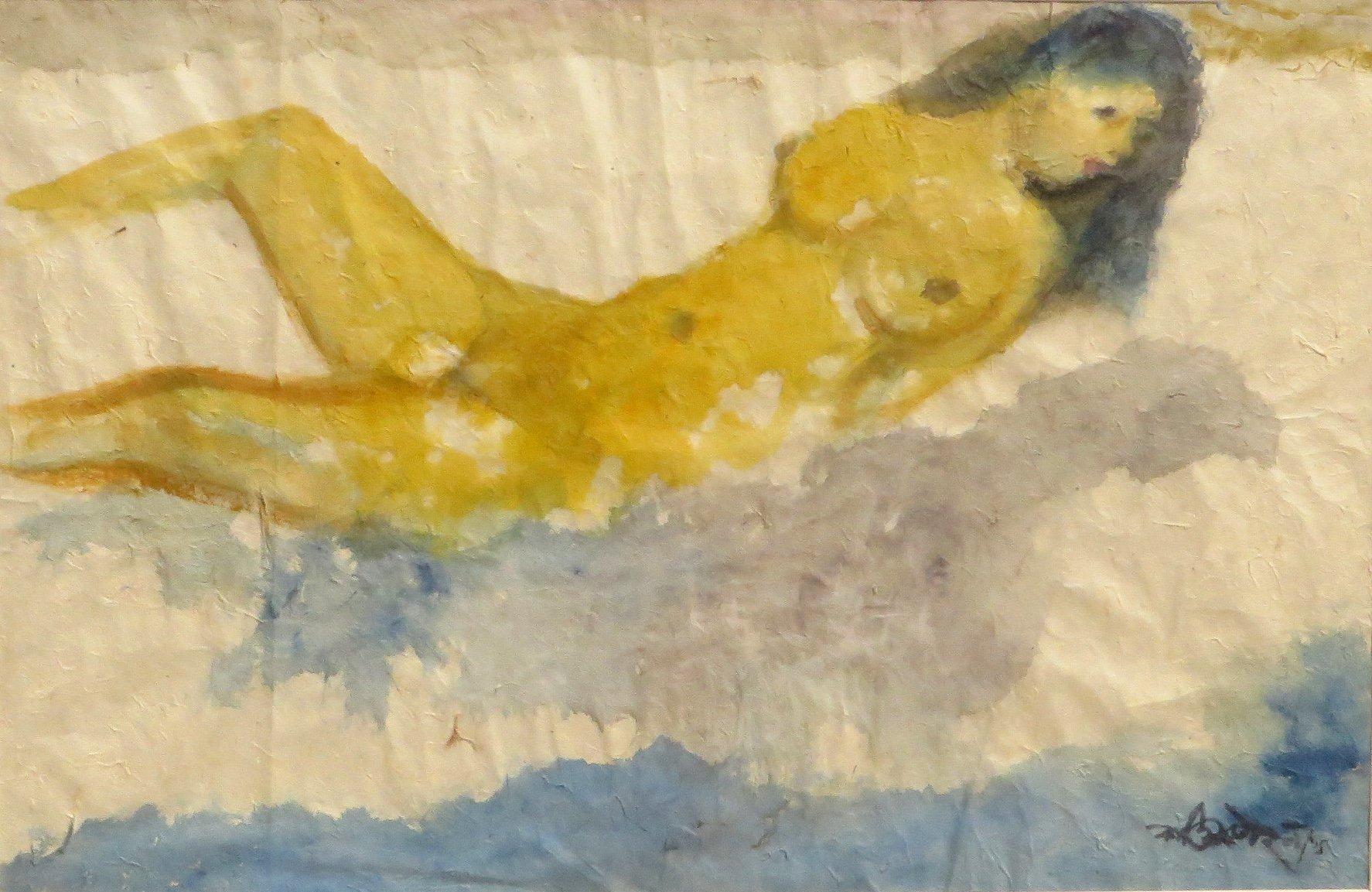 Nude Frau beim Baden, Liegen, Aquarell, Blau, Gelb von K.C. Pyne „“Auf Lager“ – Painting von Kartick Chandra Pyne