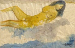 Nude Woman Bathing, Reclining, Watercolor, Blue, Yellow by K.C. Pyne "In Stock"