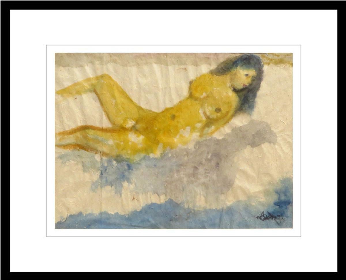 Nude Woman Bathing, Reclining, Watercolor, Blue, Yellow by K.C. Pyne "In Stock"