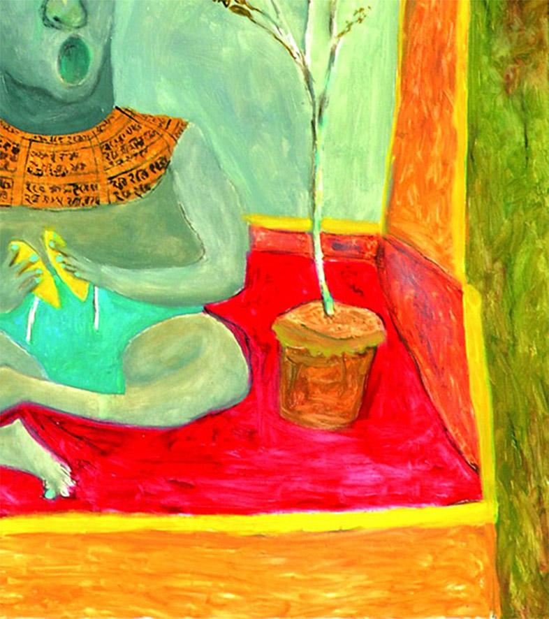 Kirtan, Oil, Acrylic, Canvas, Red, Yellow, Green Modern Indian Artist 