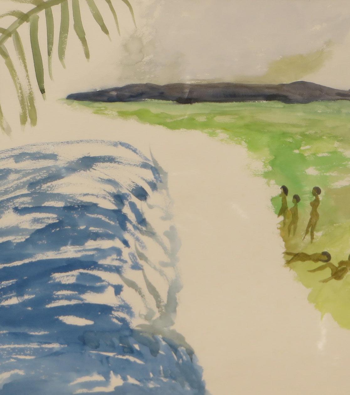 Landschaft, Akt, Aquarell, Blau, Grün, Gelb von indischer Künstler, „Auf Lager“ (Moderne), Painting, von Kartick Chandra Pyne