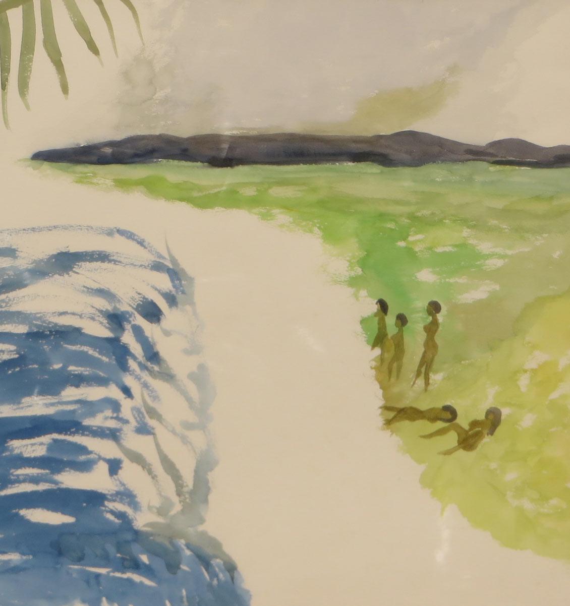 Paisaje, Desnudo, Acuarela, Azul, Verde, Amarillo por Artista Indio 